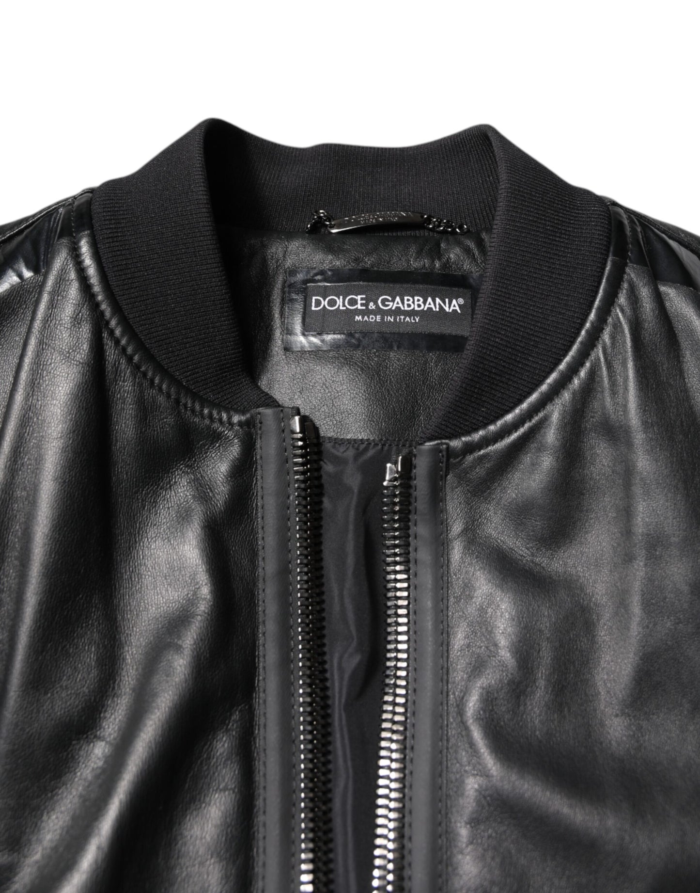 Veste motard entièrement zippée en cuir d'agneau noir Dolce & Gabbana