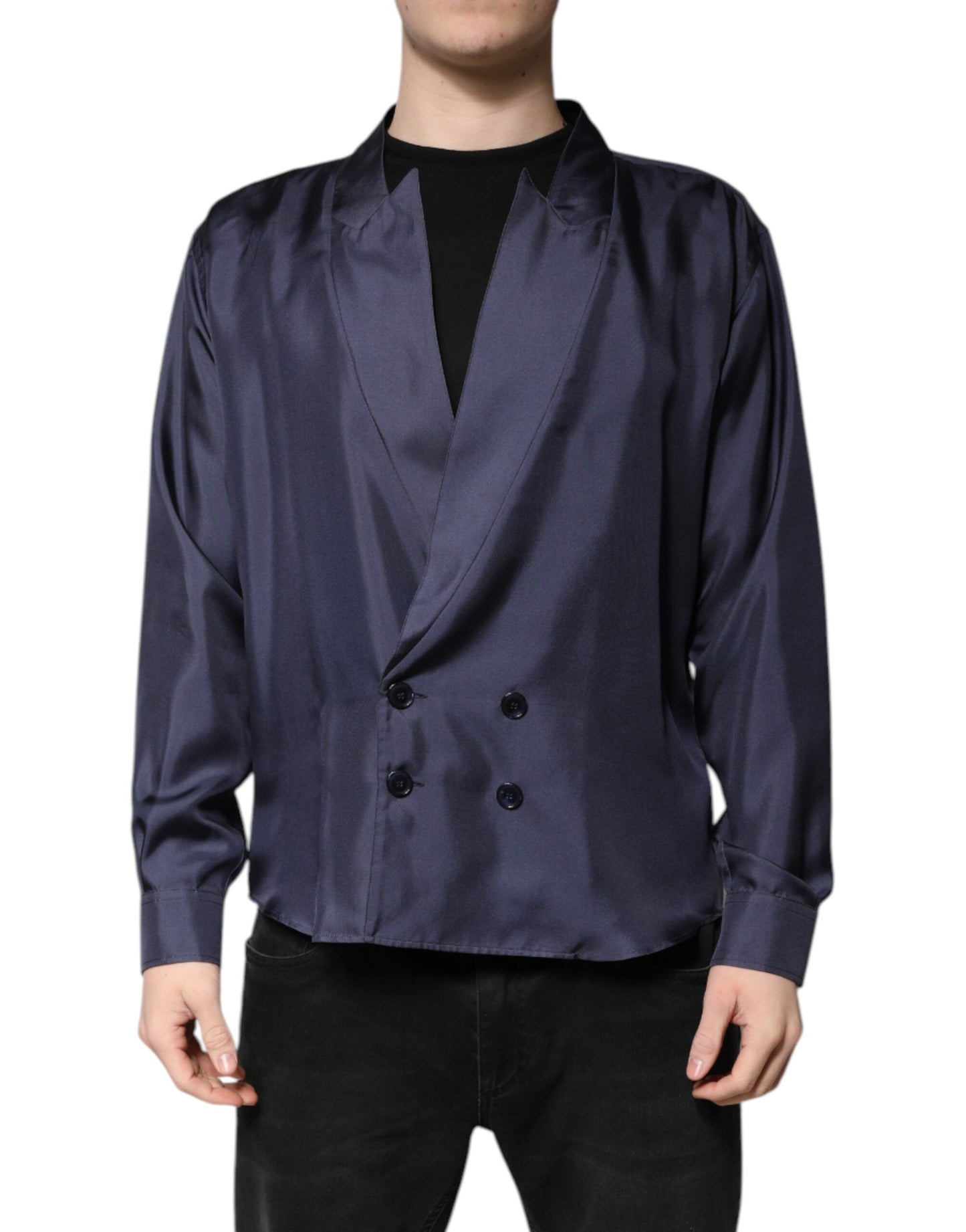 Dolce & Gabbana Dark Blue Silk Double Breasted Shirt by Dolce & Gabbana
