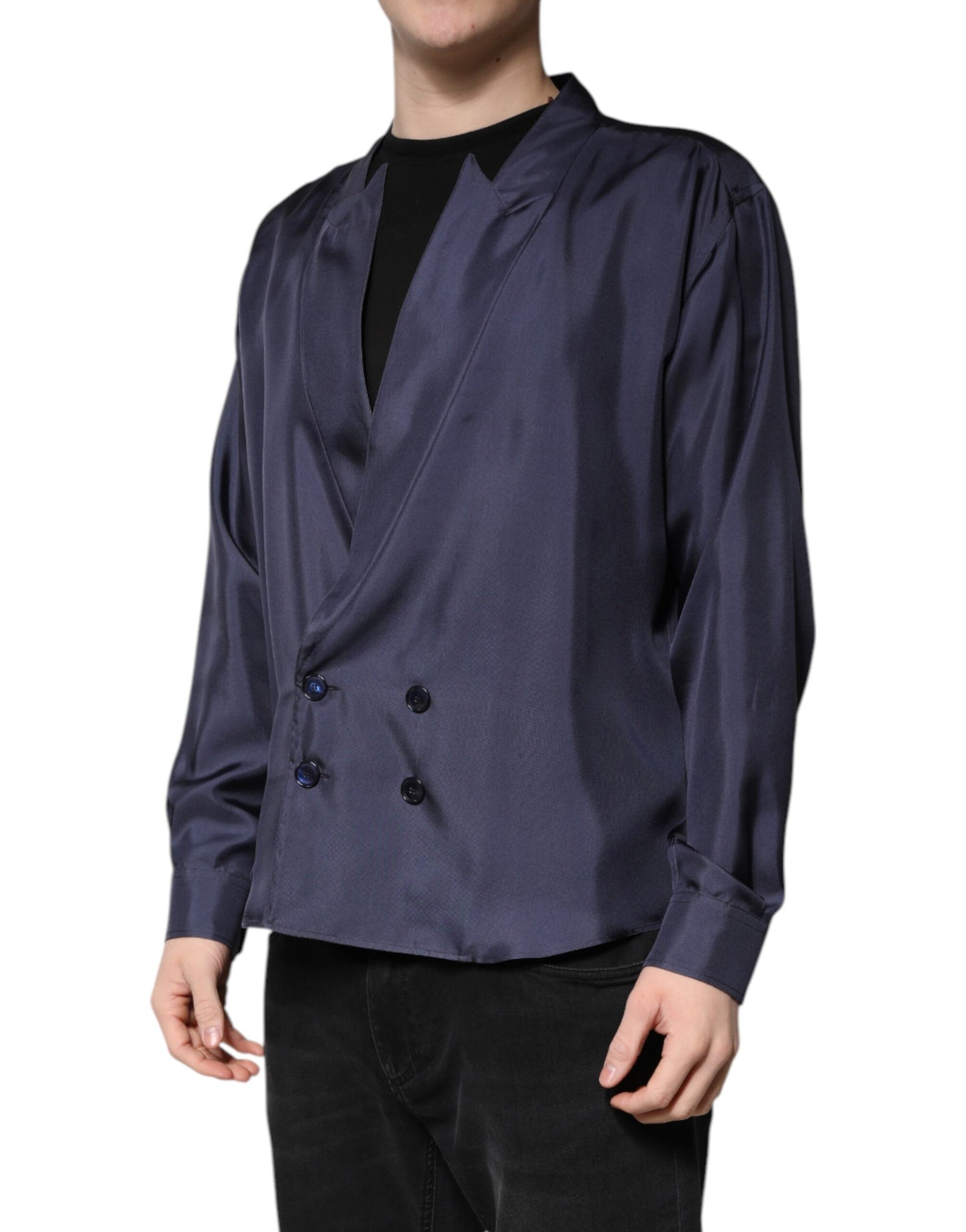 Dolce & Gabbana Dark Blue Silk Double Breasted Shirt by Dolce & Gabbana