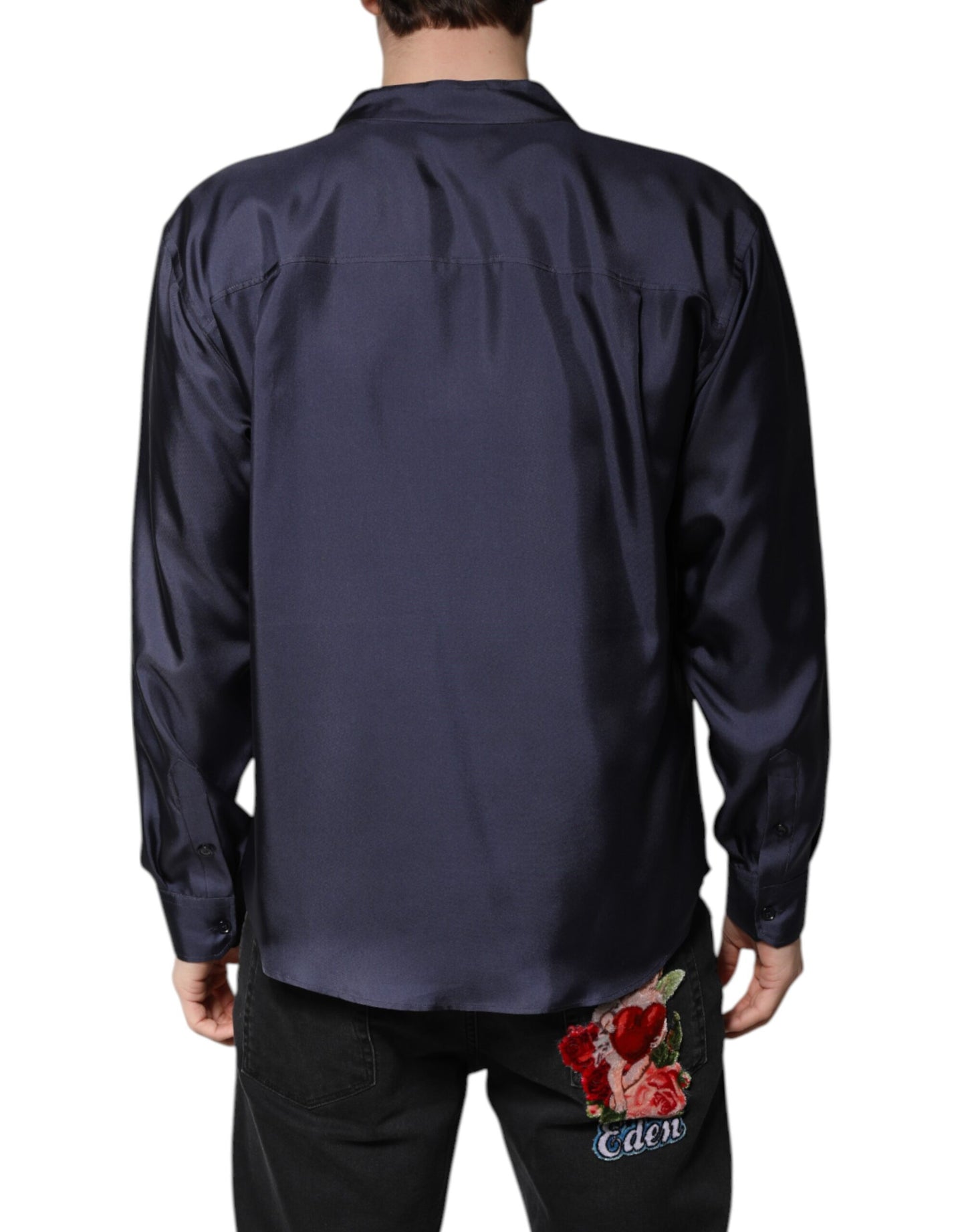 Dolce & Gabbana Dark Blue Silk Double Breasted Shirt by Dolce & Gabbana