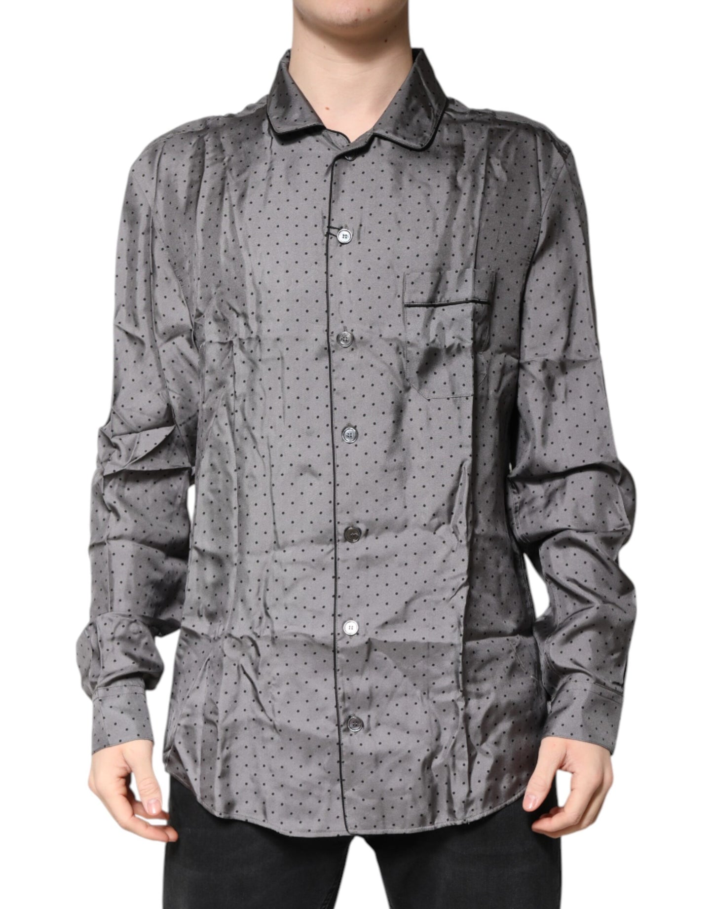 Dolce & Gabbana Gray Polka Dot Silk Long Sleeve Shirt by Dolce & Gabbana