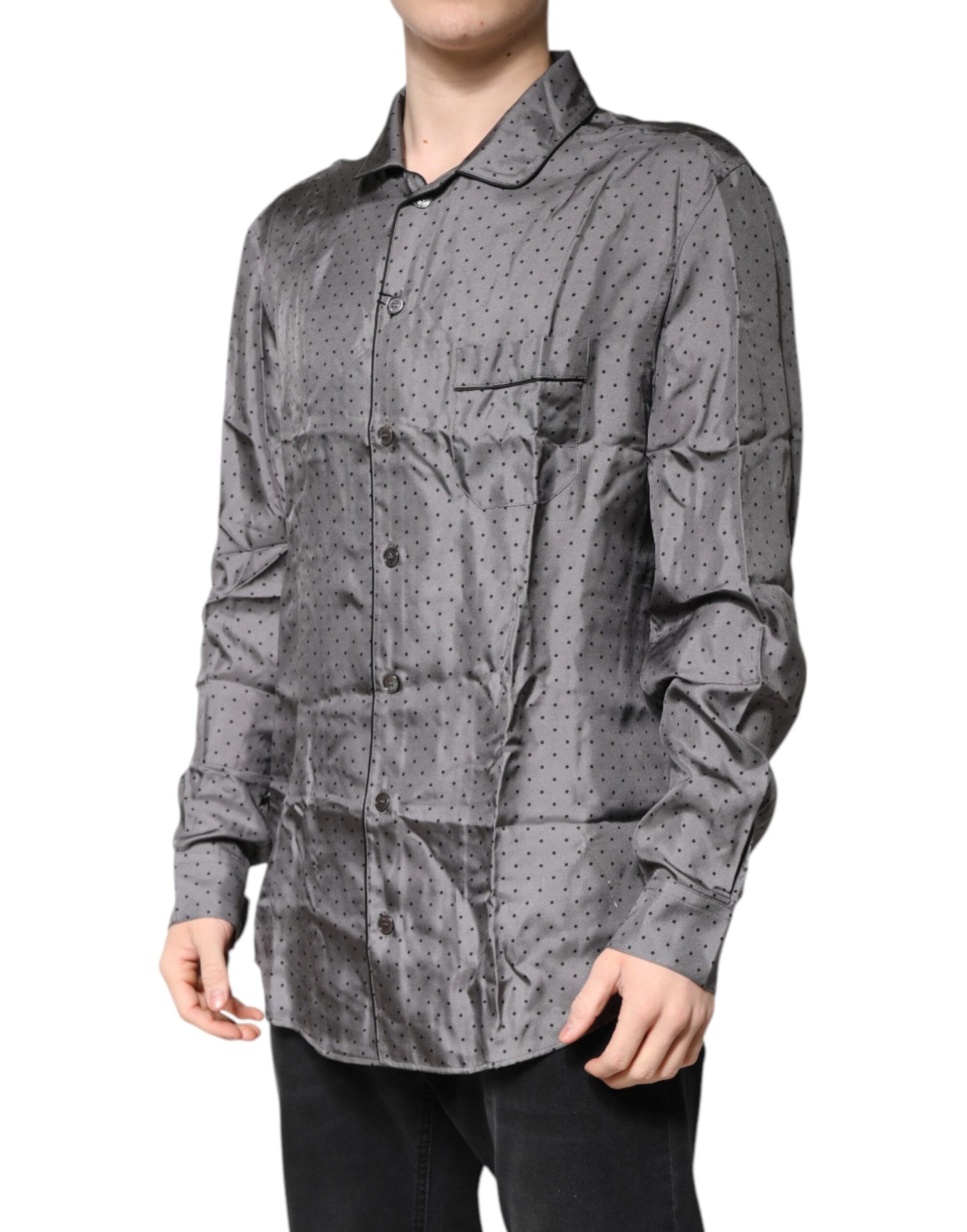 Dolce & Gabbana Gray Polka Dot Silk Long Sleeve Shirt by Dolce & Gabbana