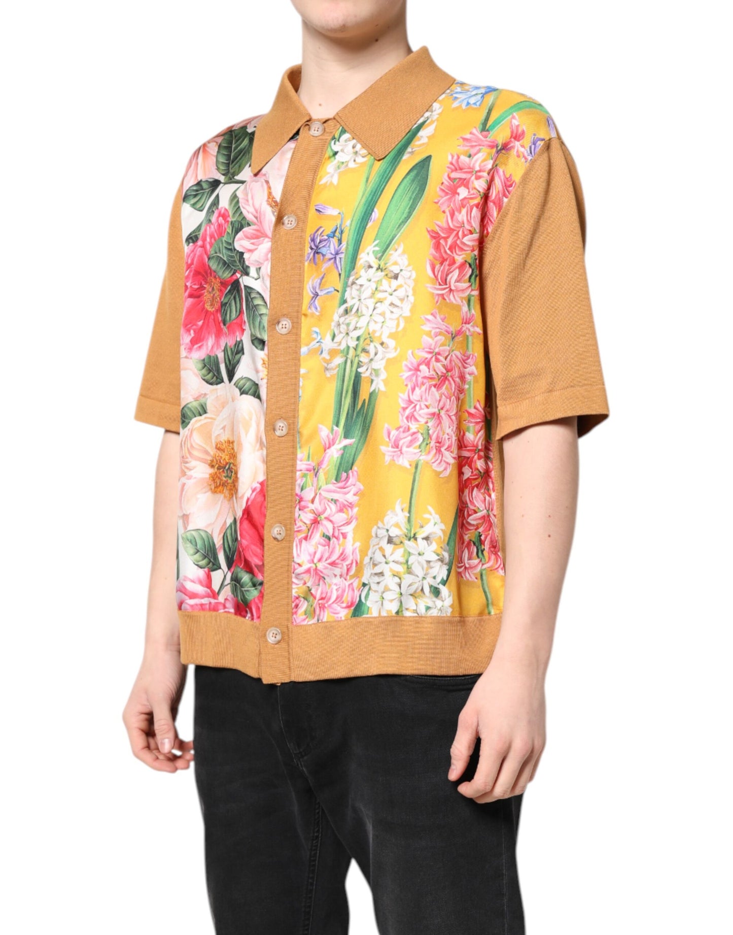 T-shirt à manches courtes et col fleuri marron Dolce & Gabbana