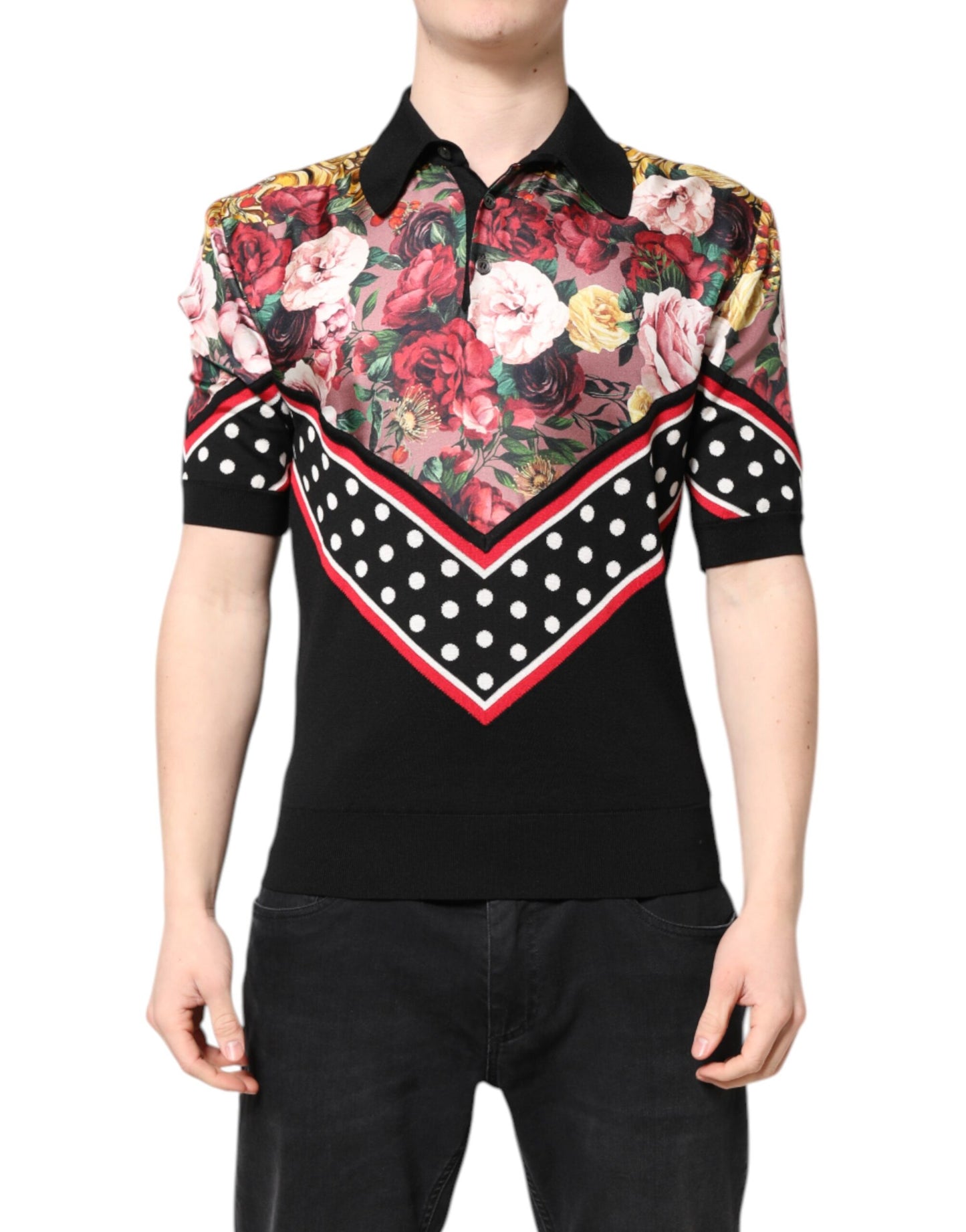 T-shirt à manches courtes et col fleuri noir Dolce & Gabbana