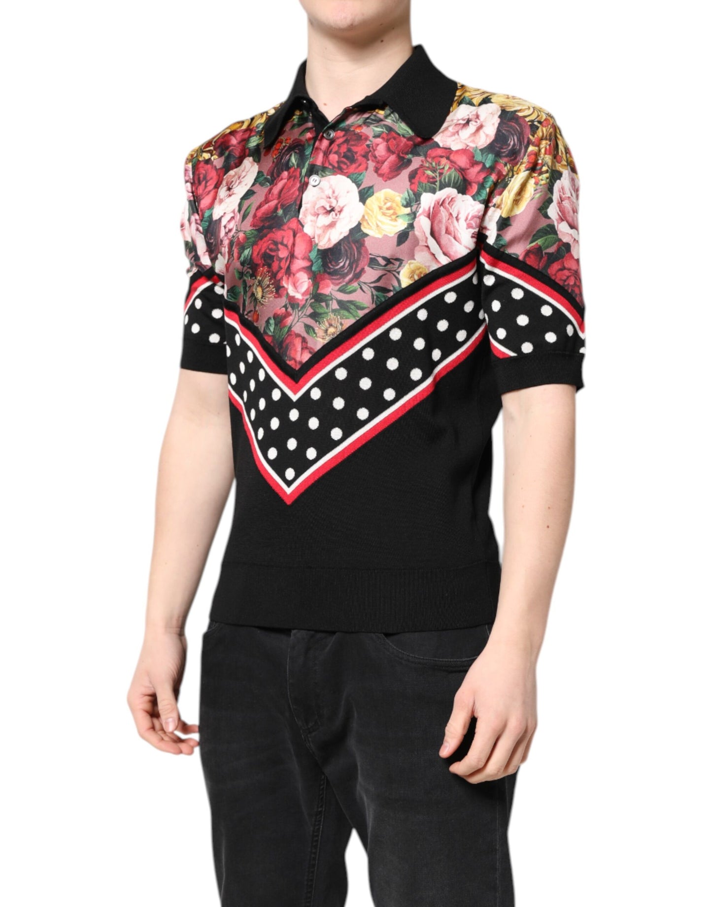 T-shirt à manches courtes et col fleuri noir Dolce & Gabbana