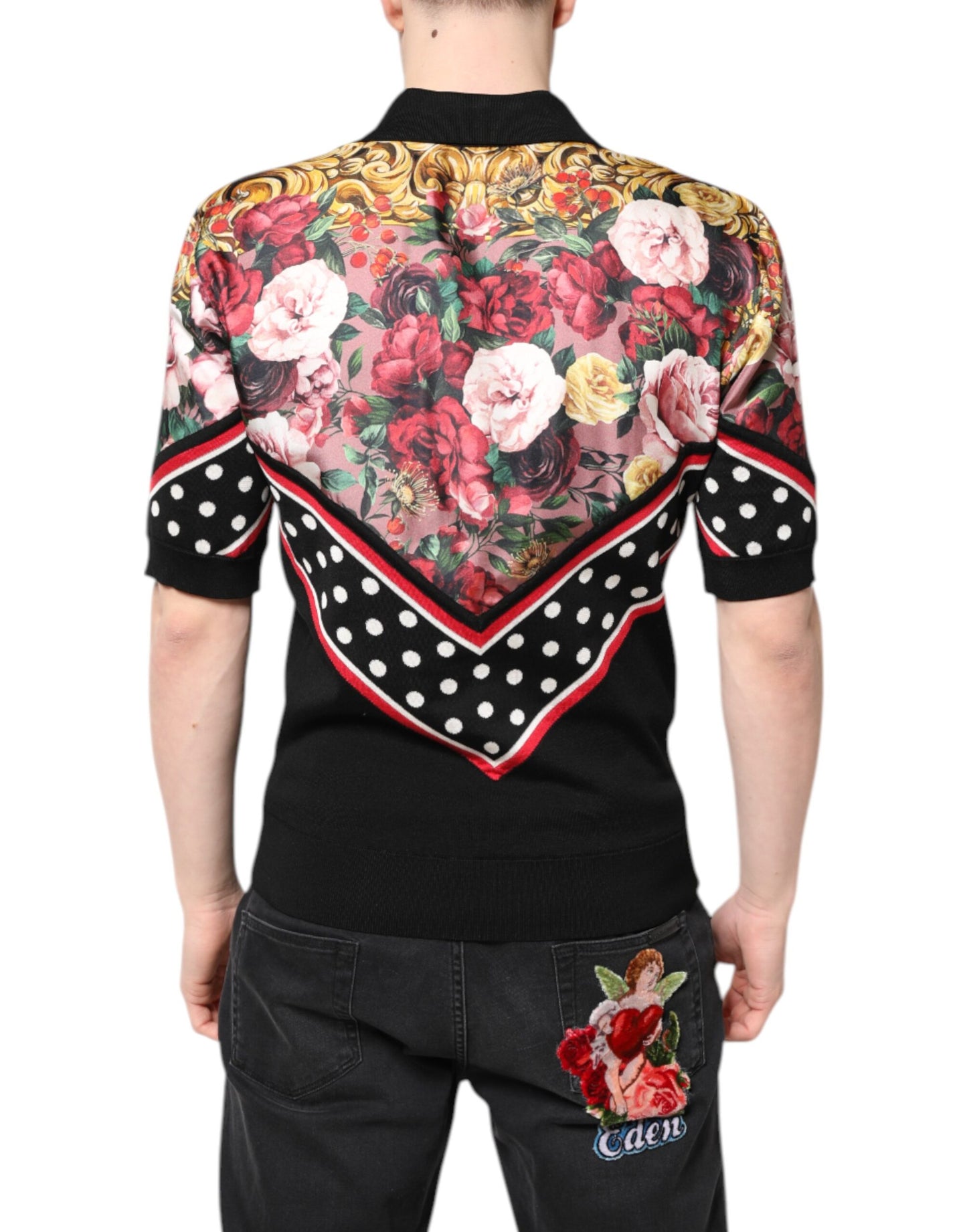 T-shirt à manches courtes et col fleuri noir Dolce & Gabbana