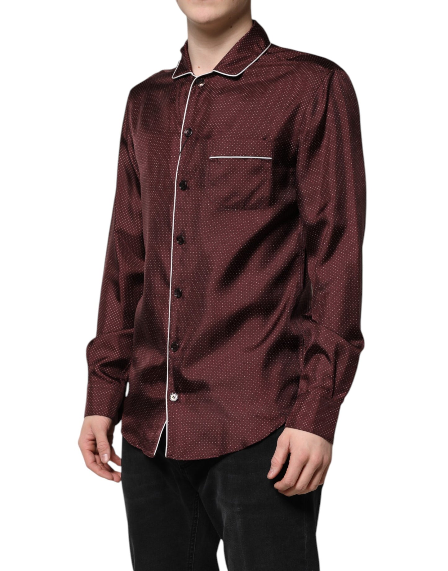 Dolce & Gabbana Burgundy Silk Dotted Long Sleeves Shirt by Dolce & Gabbana