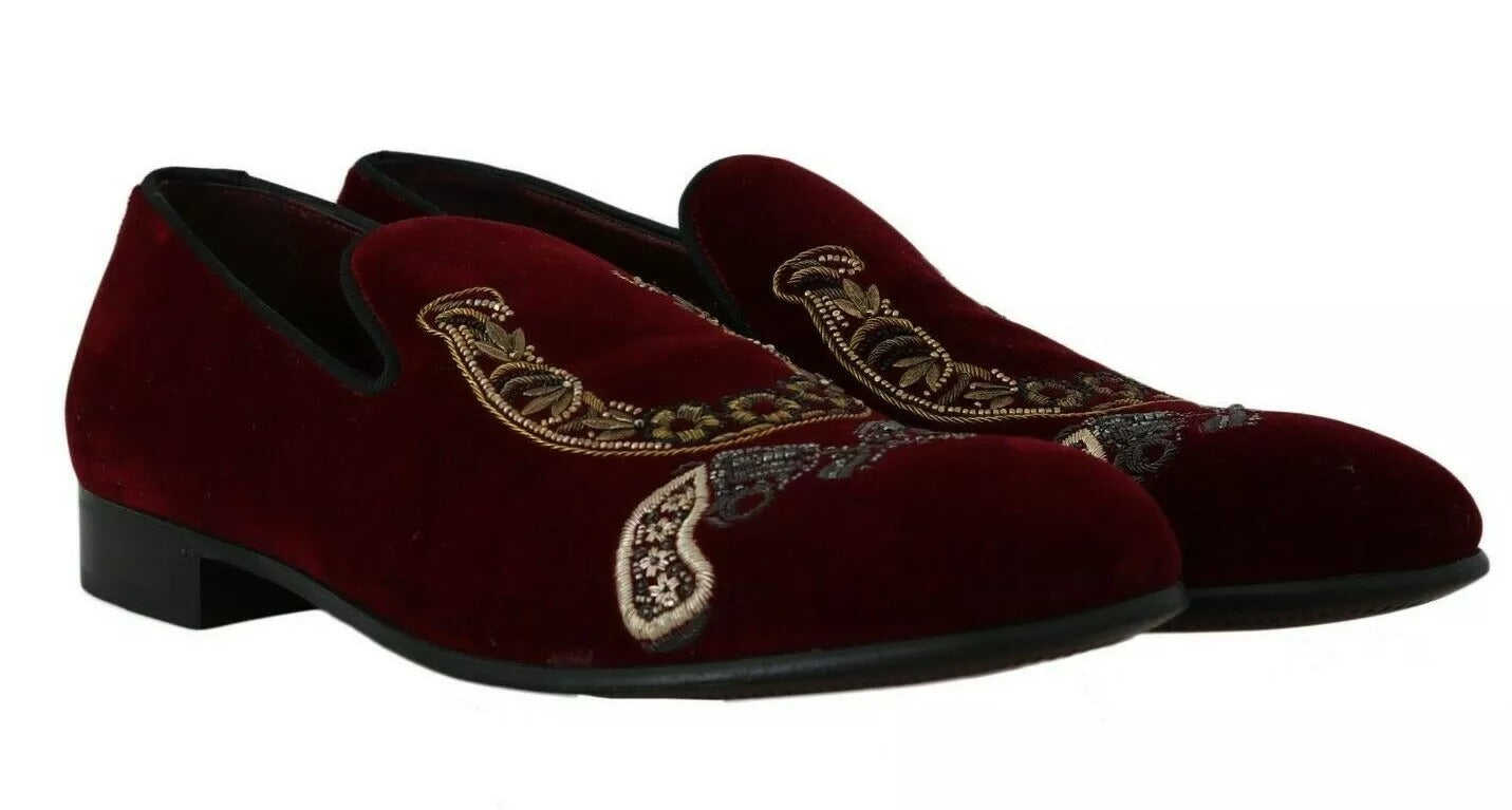 Mocassins homme Dolce & Gabbana en velours bordeaux à paillettes