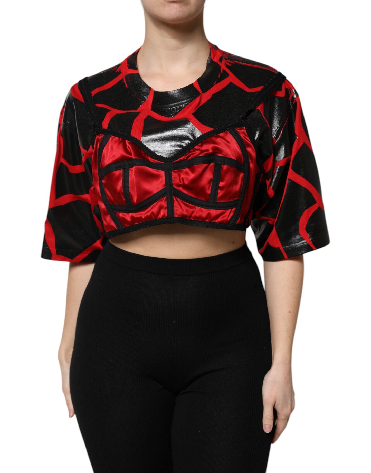 Dolce & Gabbana Red Black Cotton Bustier Detailing Cropped Top by Dolce & Gabbana