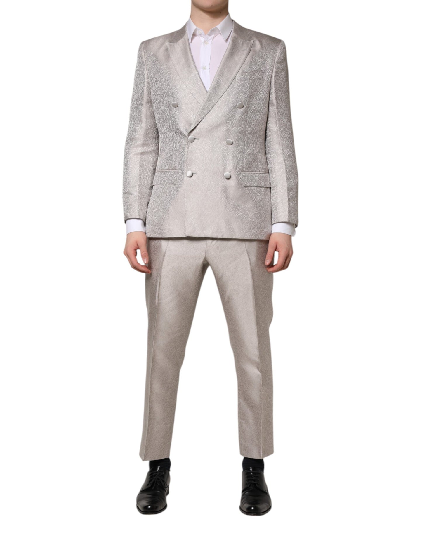 Costume 2 pièces Dolce & Gabbana en soie jacquard gris clair à pois