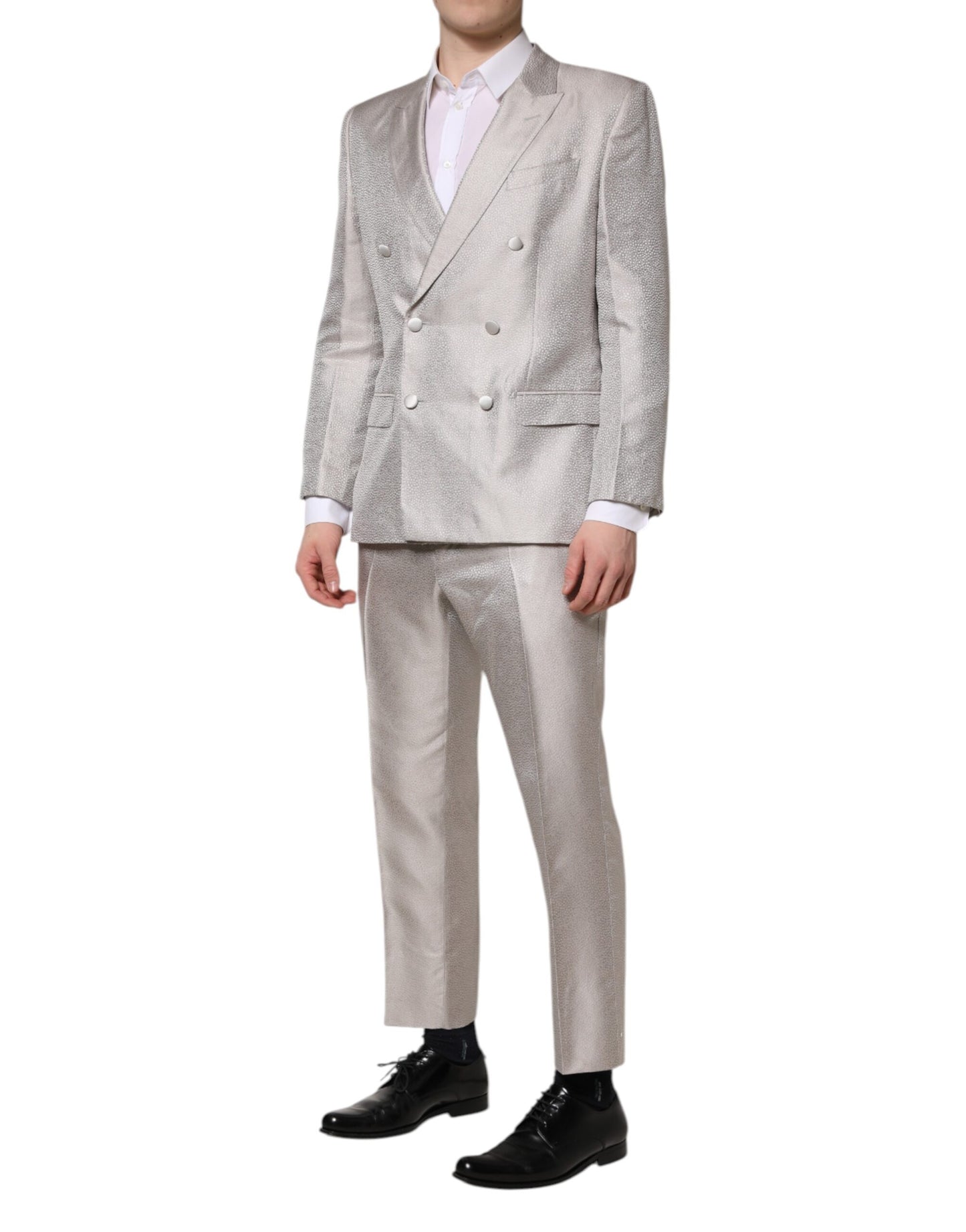 Costume 2 pièces Dolce & Gabbana en soie jacquard gris clair à pois