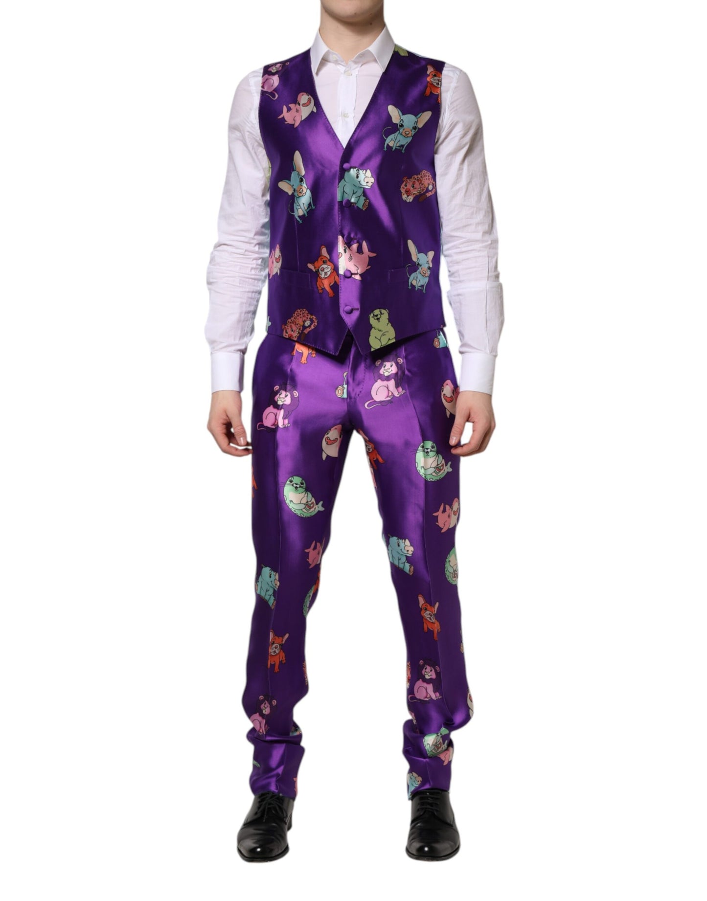 Costume 3 pièces Dolce & Gabbana en soie violette à imprimé animal