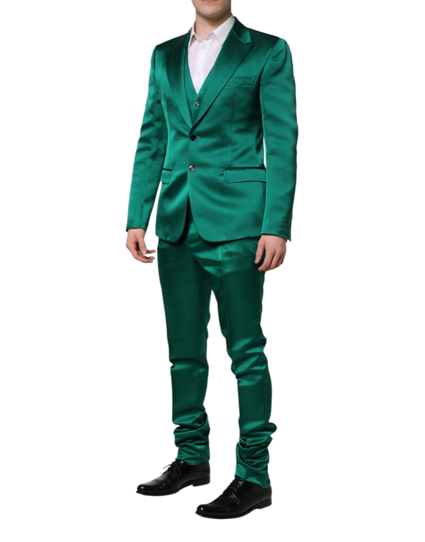 Costume 3 pièces en soie verte Dolce & Gabbana à boutonnage simple