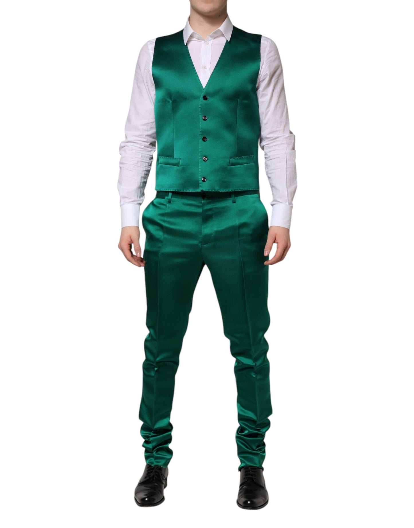 Costume 3 pièces en soie verte Dolce & Gabbana à boutonnage simple