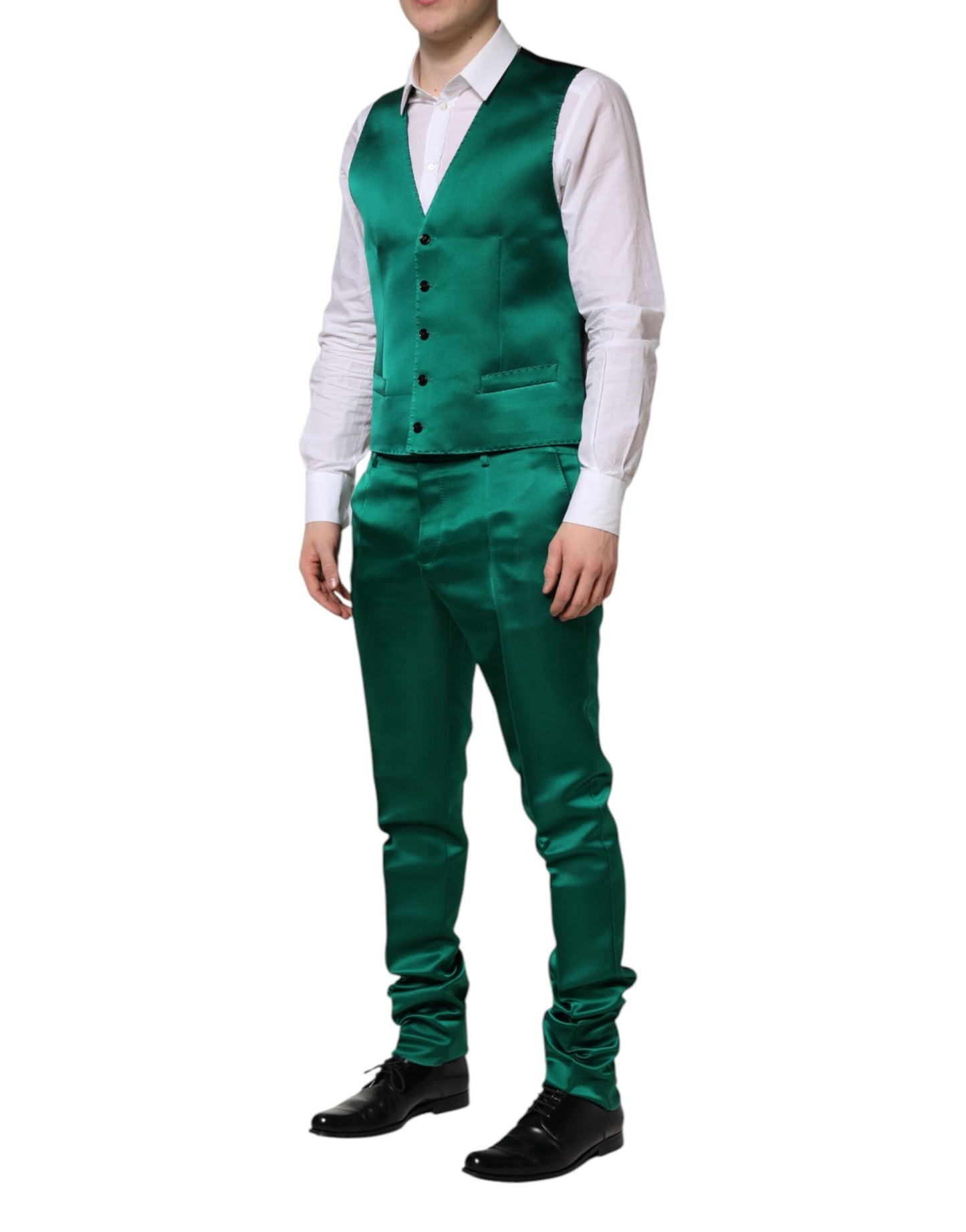 Costume 3 pièces en soie verte Dolce & Gabbana à boutonnage simple