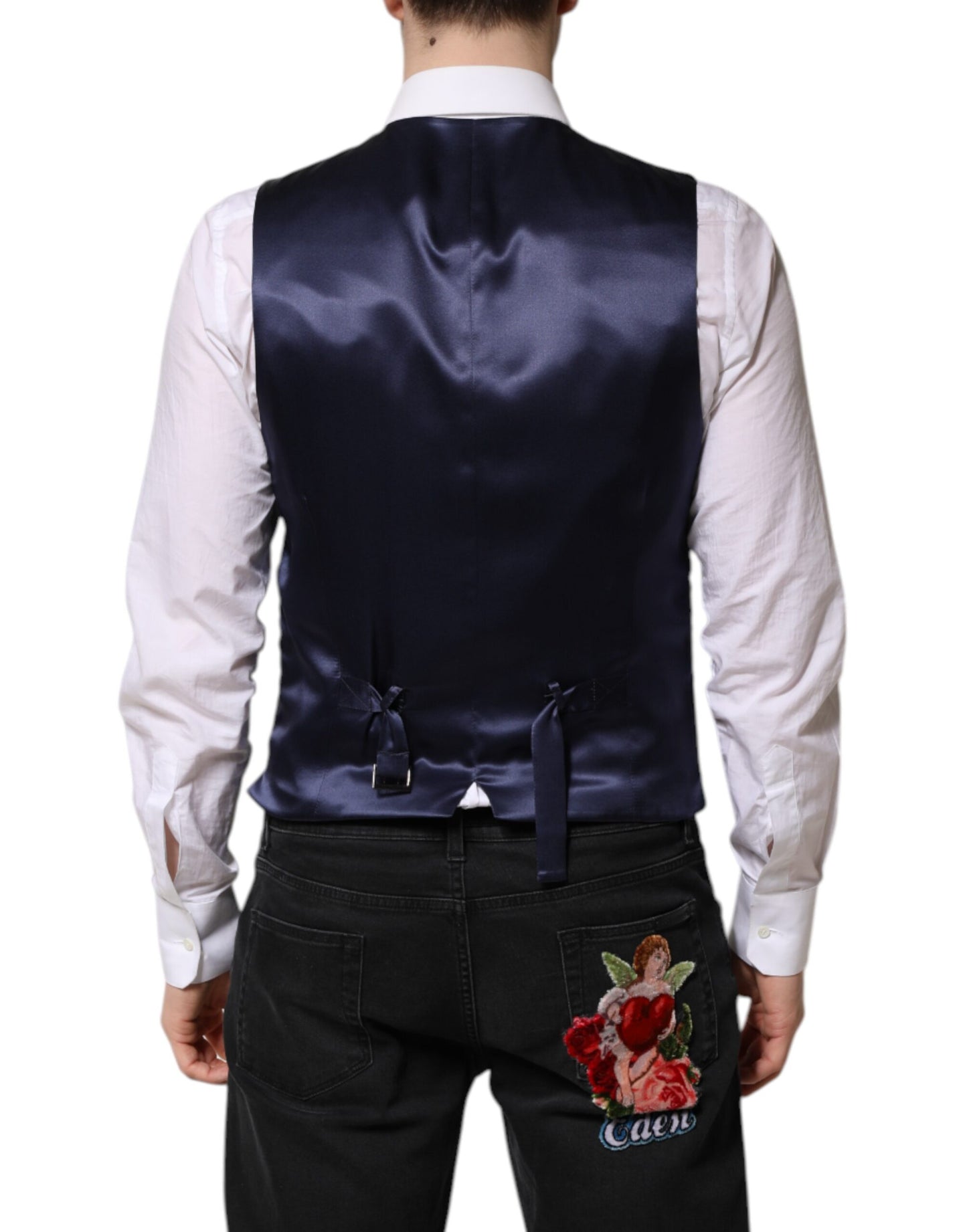 Gilet habillé en laine bleu foncé avec logo Dolce & Gabbana pour homme