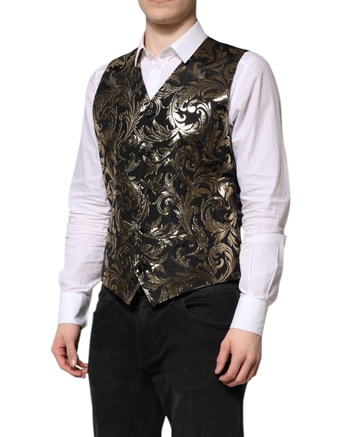 Gilet habillé en jacquard noir et or Dolce & Gabbana pour homme