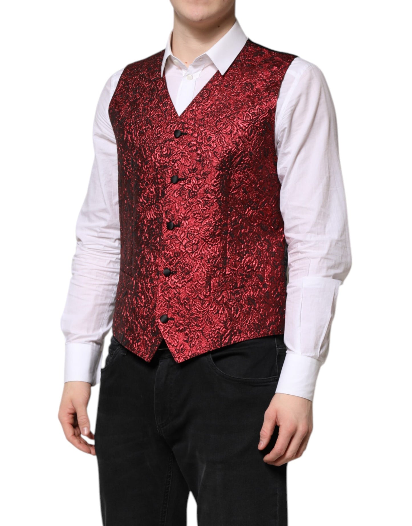 Gilet habillé en brocart floral rouge Dolce & Gabbana pour homme