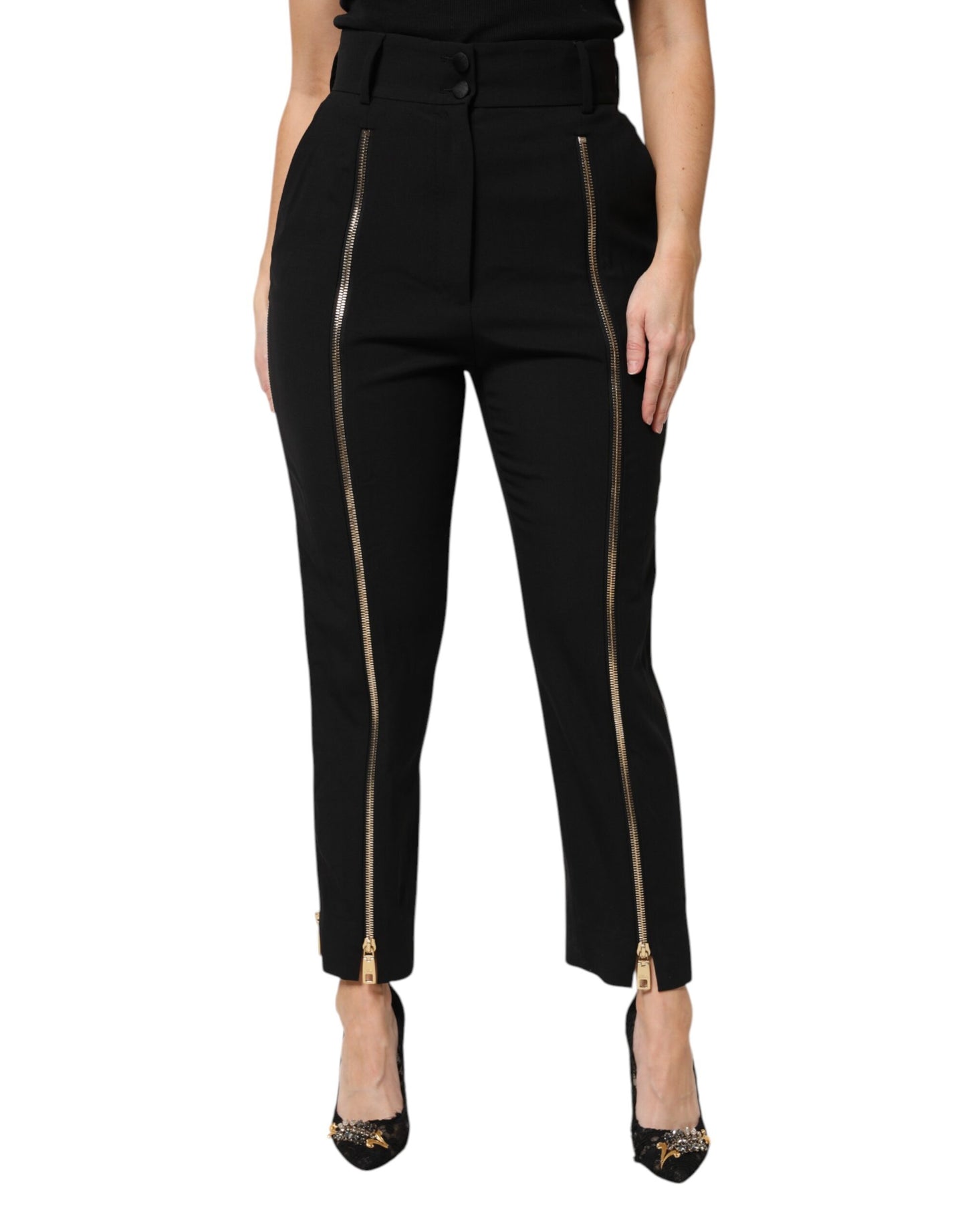 Dolce & Gabbana Black Wool High Waist Zipper Tapered Pants by Dolce & Gabbana