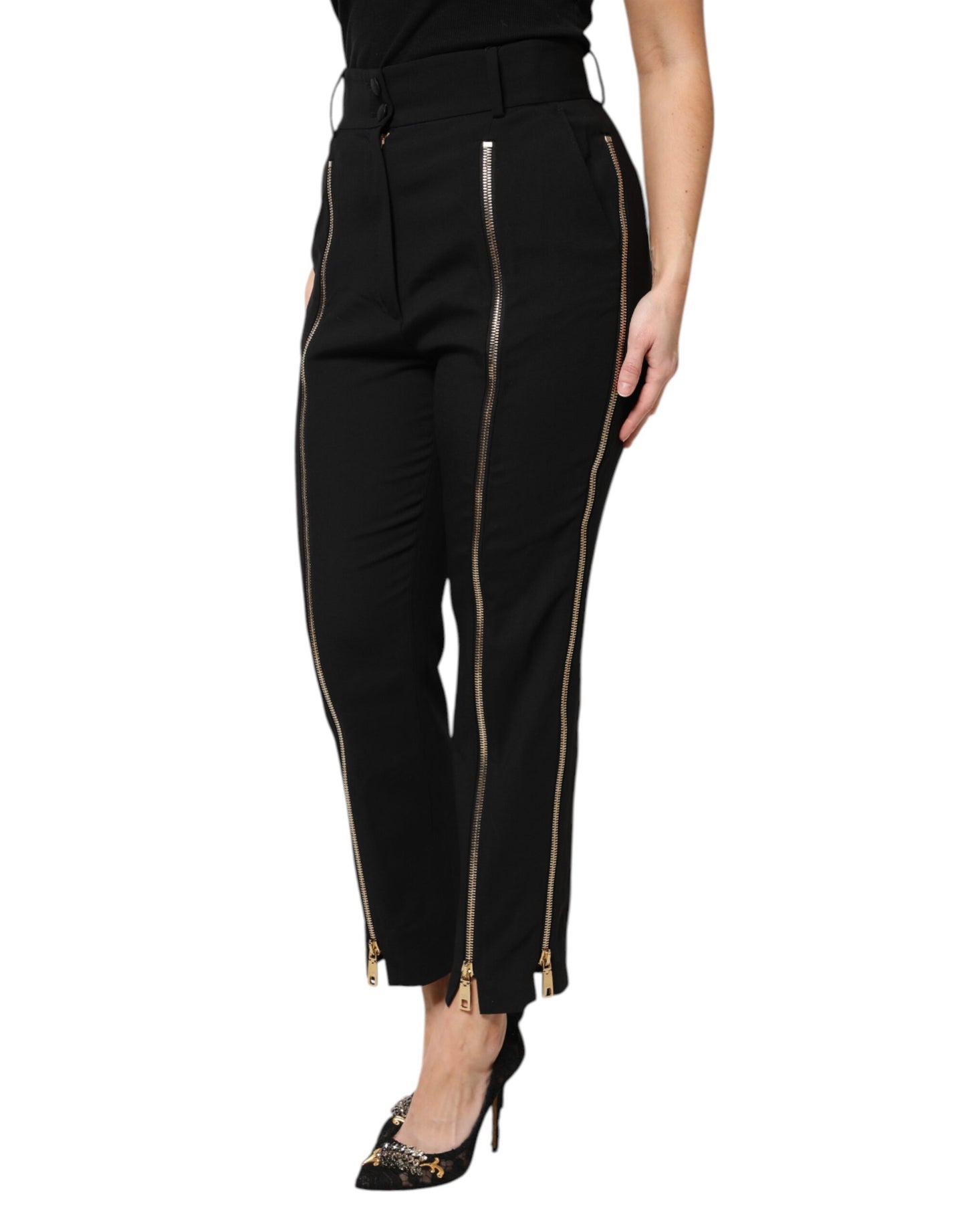 Dolce & Gabbana Black Wool High Waist Zipper Tapered Pants by Dolce & Gabbana