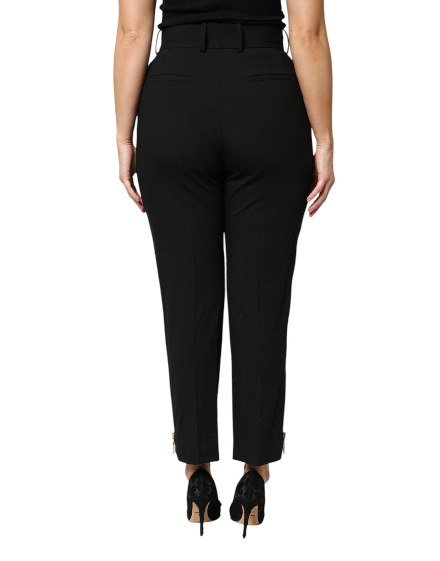 Dolce & Gabbana Black Wool High Waist Zipper Tapered Pants by Dolce & Gabbana