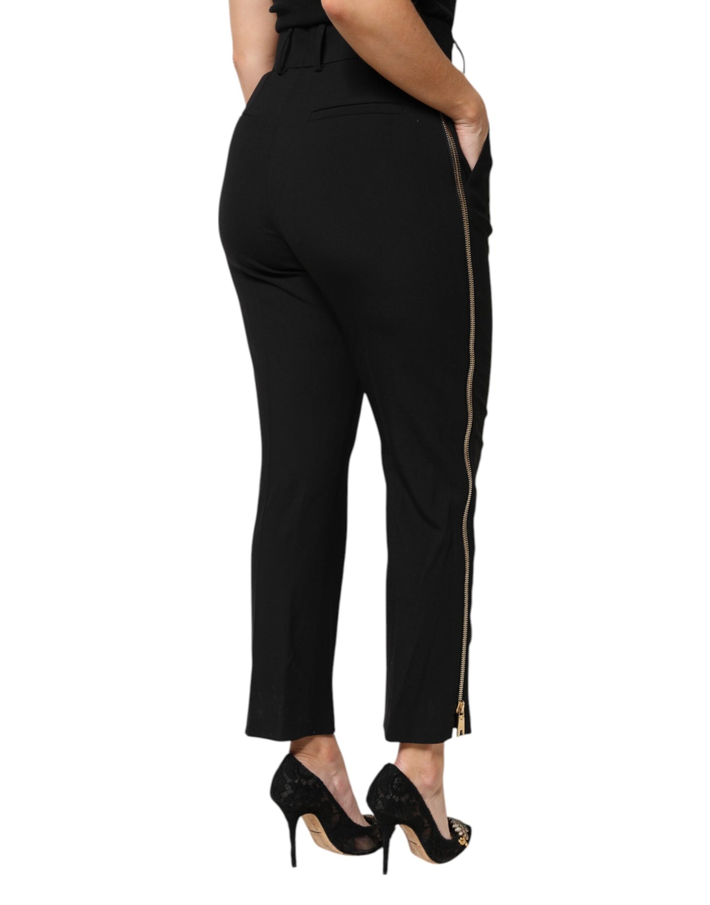 Dolce & Gabbana Black Wool High Waist Zipper Tapered Pants by Dolce & Gabbana