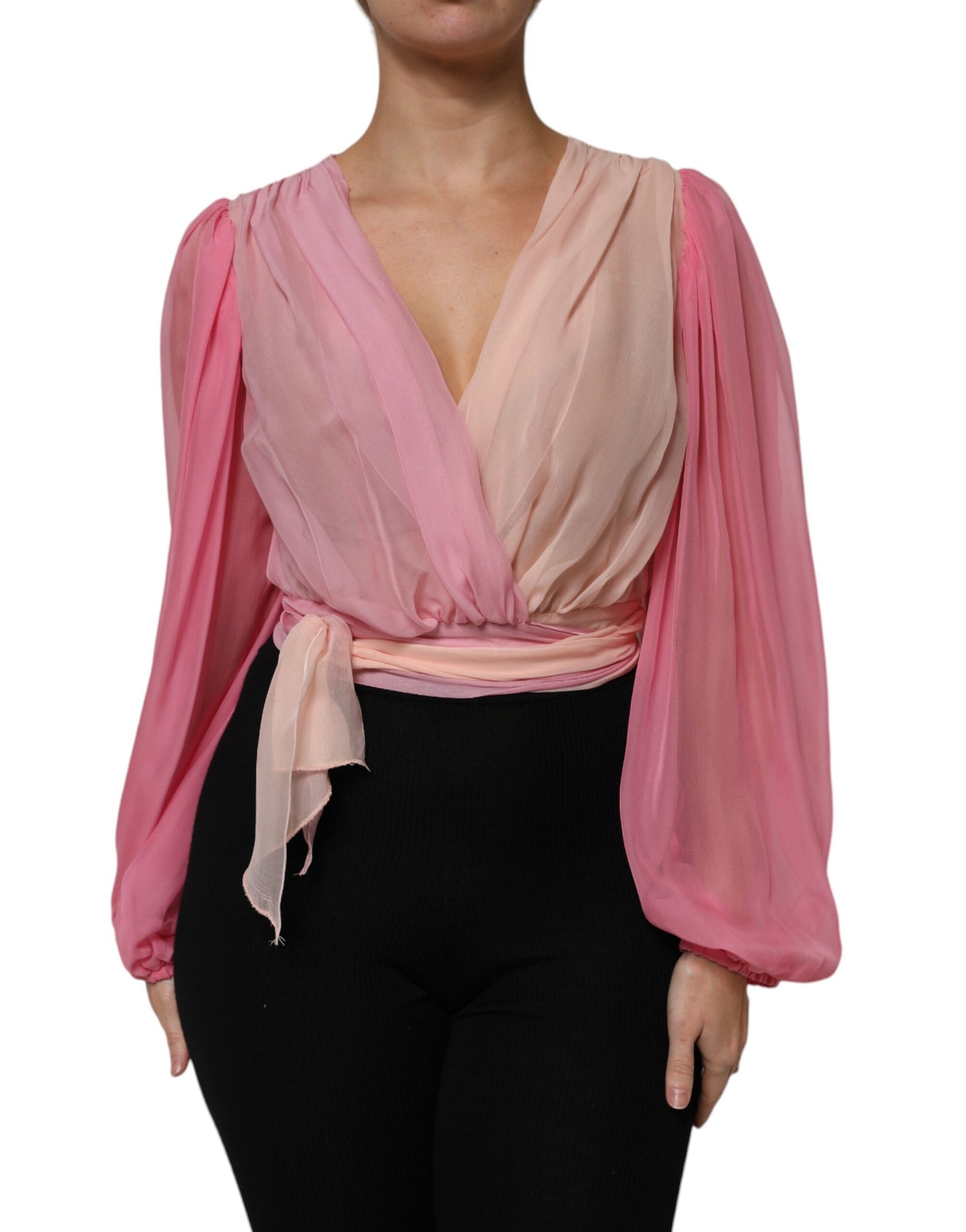 Dolce & Gabbana Pink Plunging V-neck Long Sleeves Blouse Top by Dolce & Gabbana
