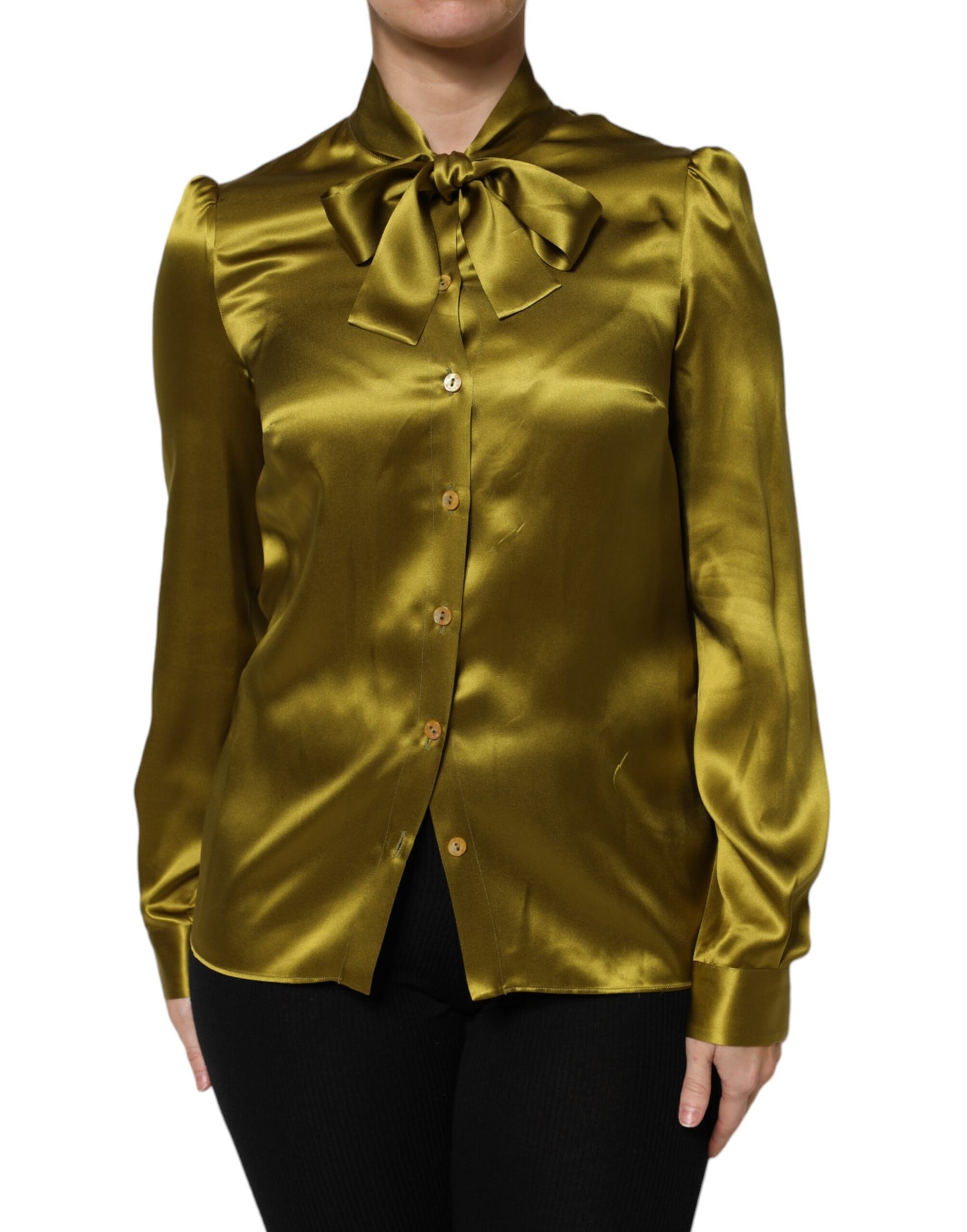 Dolce & Gabbana Green Ascot Collar Long Sleeves Blouse Top by Dolce & Gabbana
