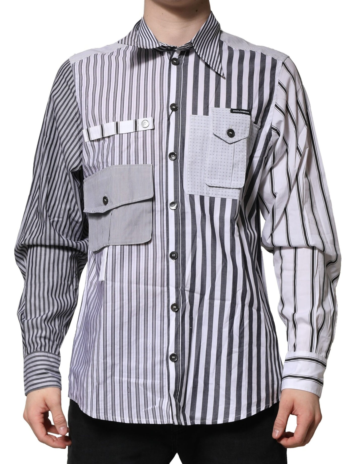 Dolce & Gabbana White Gray Striped Cotton Men Casual Shirt by Dolce & Gabbana
