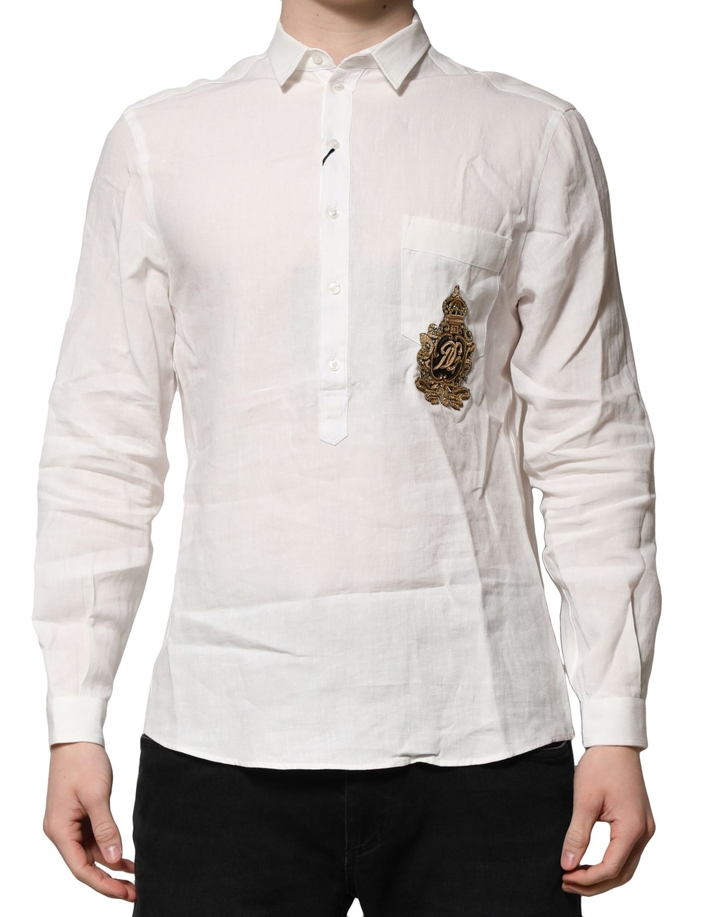 Dolce & Gabbana White DG Crown Embellish Dress Formal Shirt by Dolce & Gabbana