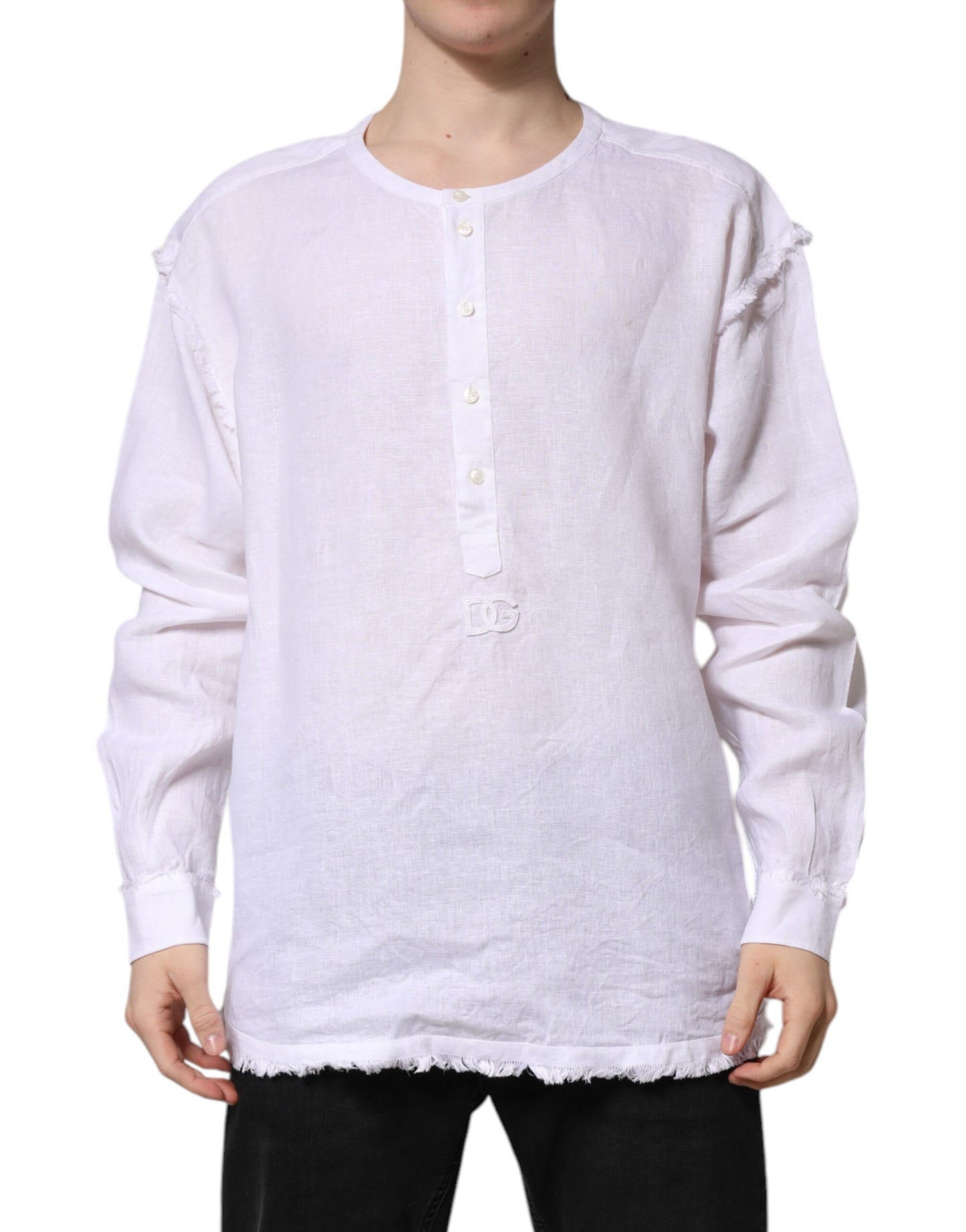 Dolce & Gabbana White Linen Long Sleeves Casual Men Shirt by Dolce & Gabbana