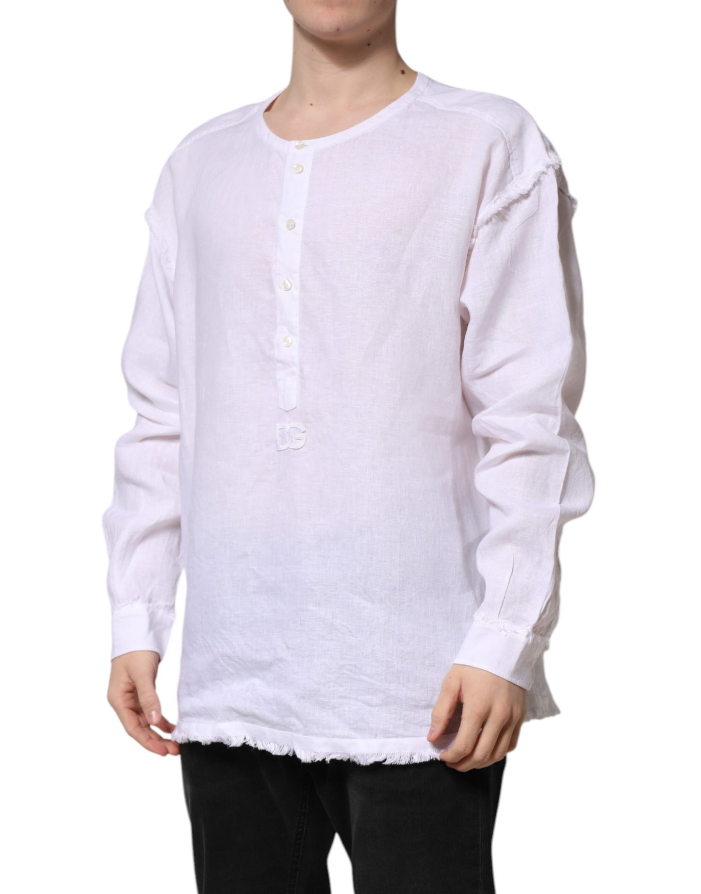 Dolce & Gabbana White Linen Long Sleeves Casual Men Shirt by Dolce & Gabbana