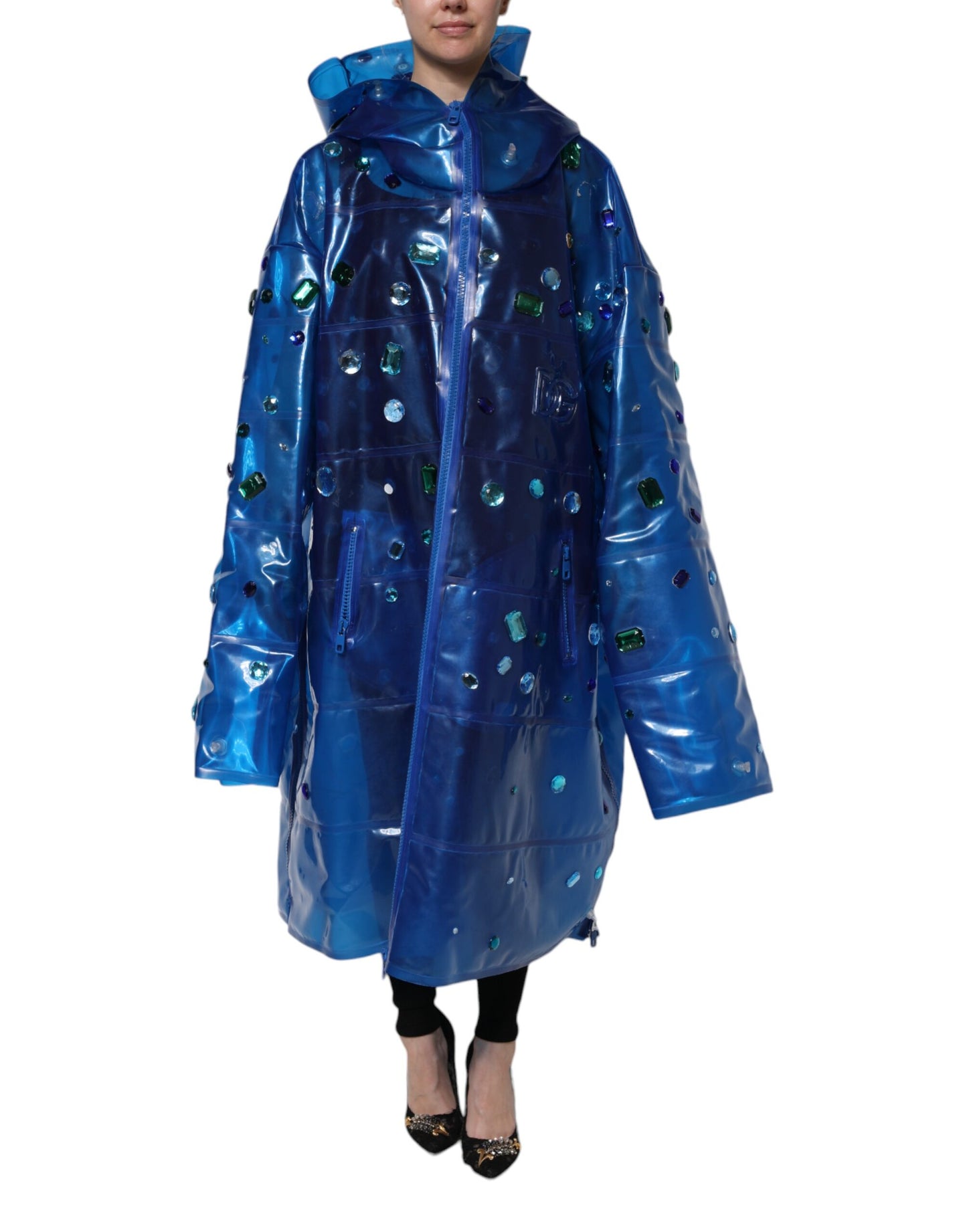 Dolce & Gabbana Blue Crystal Hooded Raincoat Jacket by Dolce & Gabbana