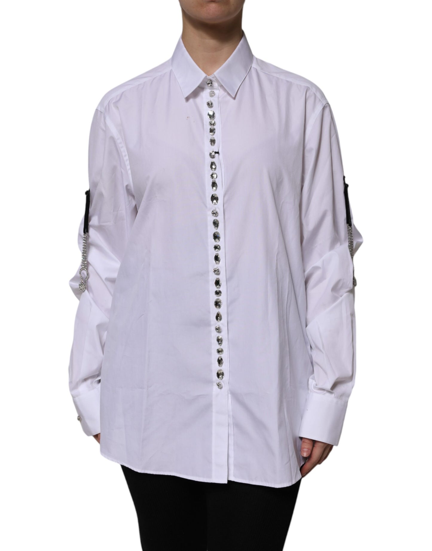 Dolce & Gabbana White Rhinestone Embellish Long Sleeves Top by Dolce & Gabbana