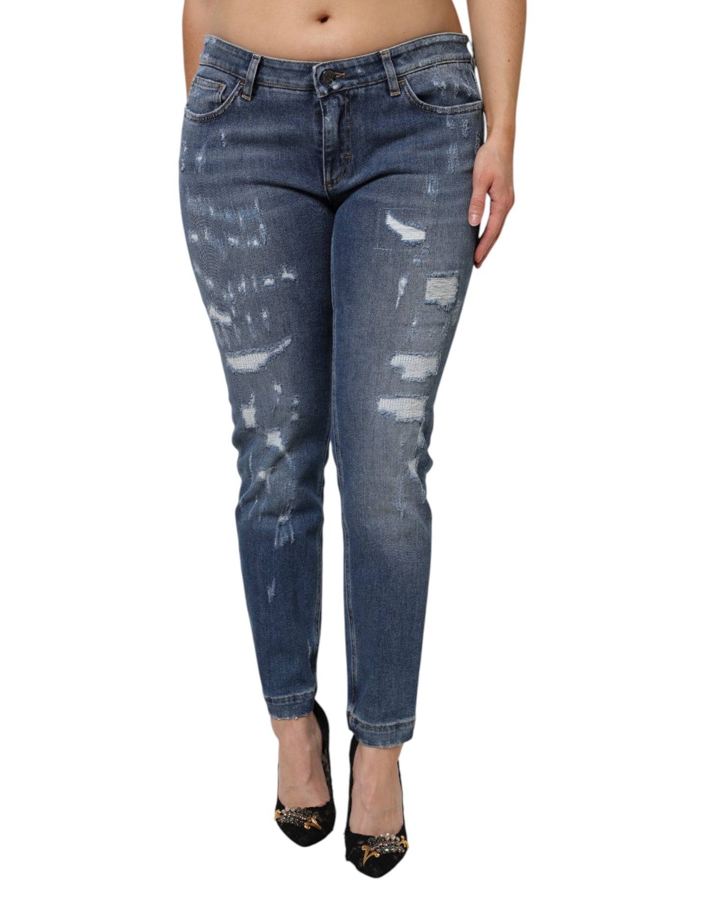 Dolce & Gabbana Blue Tattered Cotton Low Waist Denim Jeans by Dolce & Gabbana
