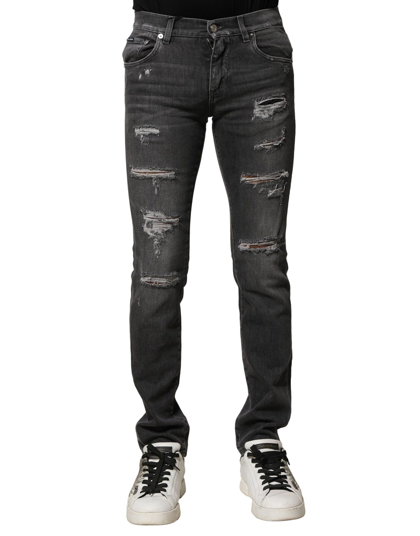 Dolce & Gabbana Black Washed Tattered Slim Fit Denim Jeans by Dolce & Gabbana