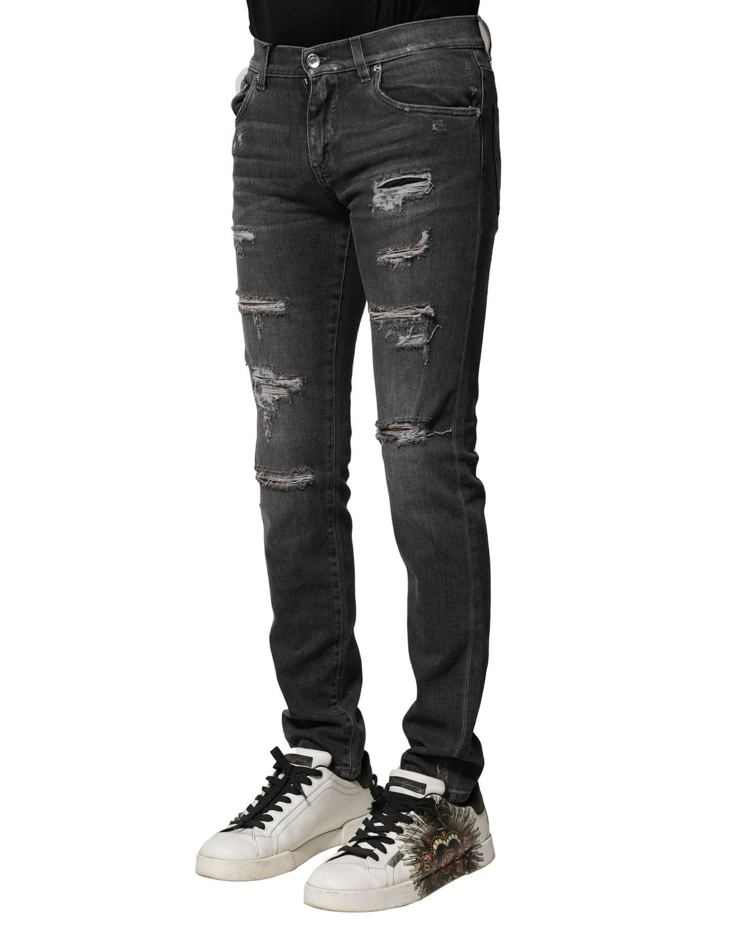 Dolce & Gabbana Black Washed Tattered Slim Fit Denim Jeans by Dolce & Gabbana