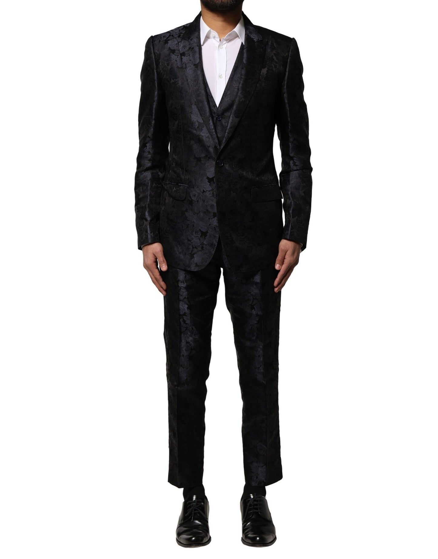Costume 3 pièces simple boutonnage en jacquard noir Dolce & Gabbana