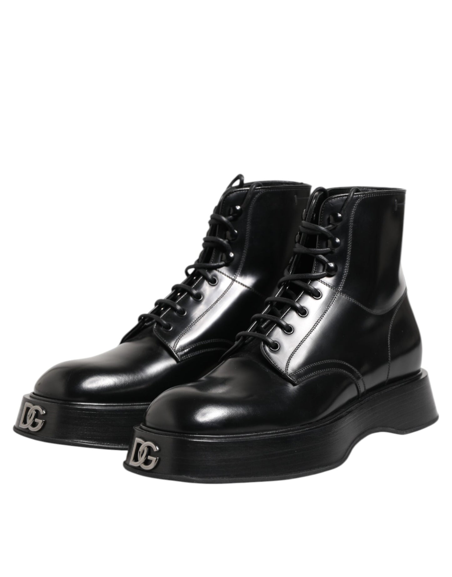 Dolce & Gabbana Black Leather Logo Ankle Boots Lace Up Shoes by Dolce & Gabbana