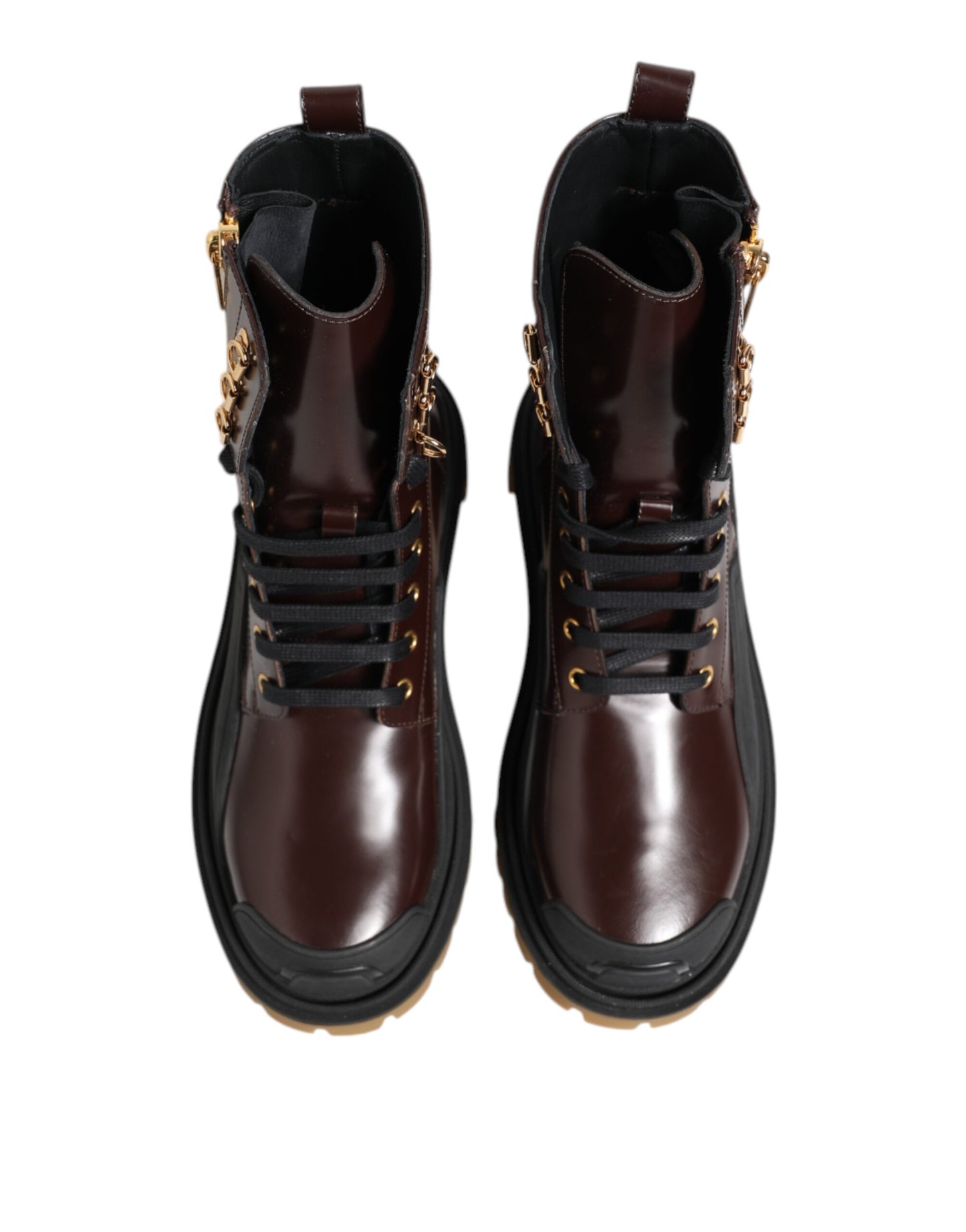Dolce & Gabbana Brown Black Leather Boots Zipper Lace Up Shoes by Dolce & Gabbana