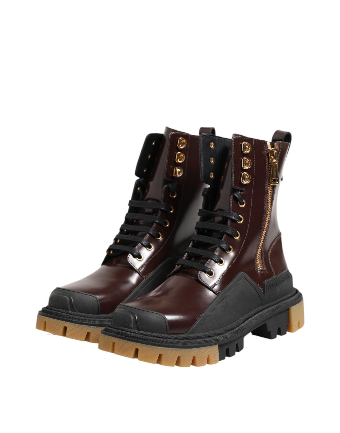 Dolce & Gabbana Brown Black Leather Boots Zipper Lace Up Shoes by Dolce & Gabbana