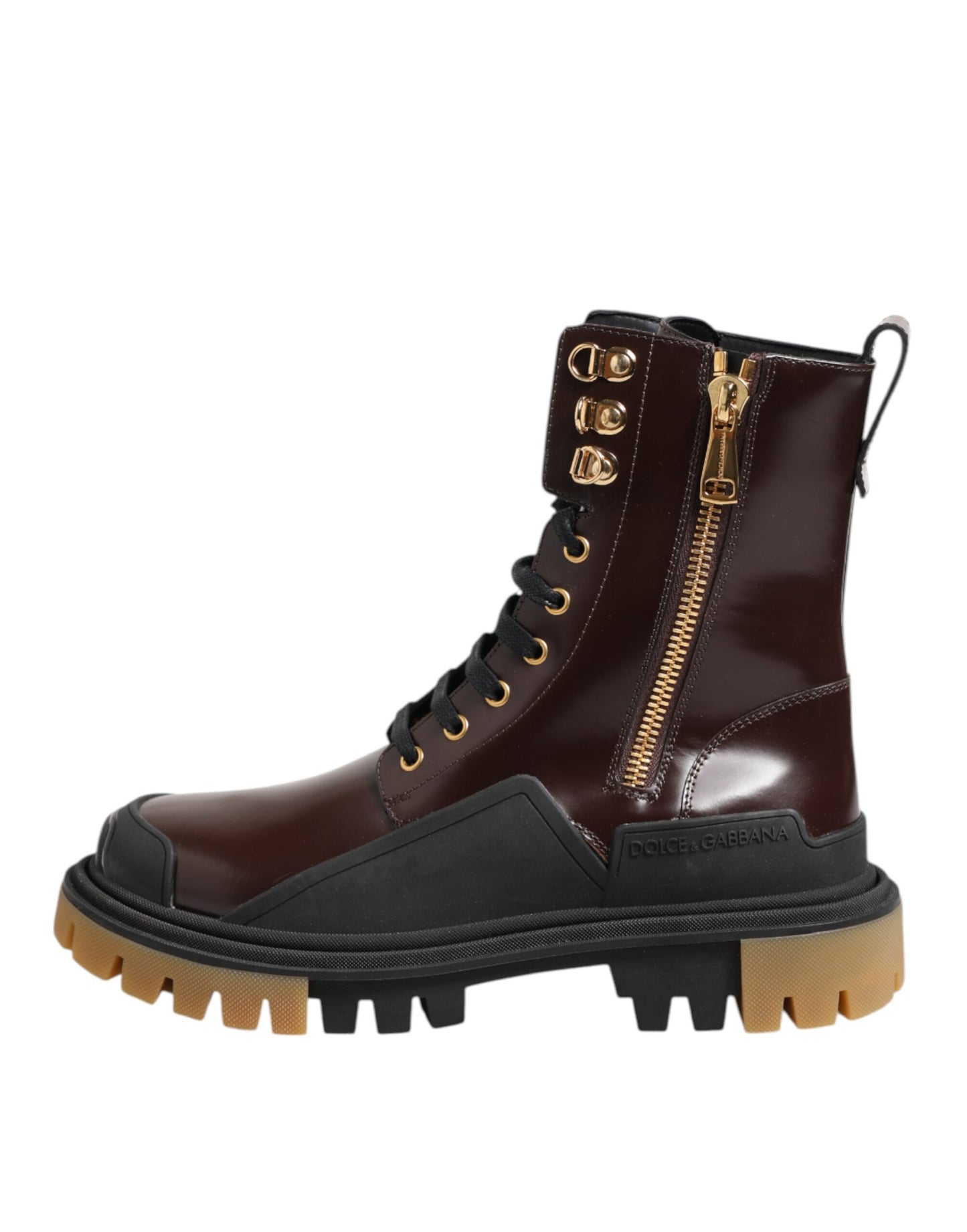 Dolce & Gabbana Brown Black Leather Boots Zipper Lace Up Shoes by Dolce & Gabbana