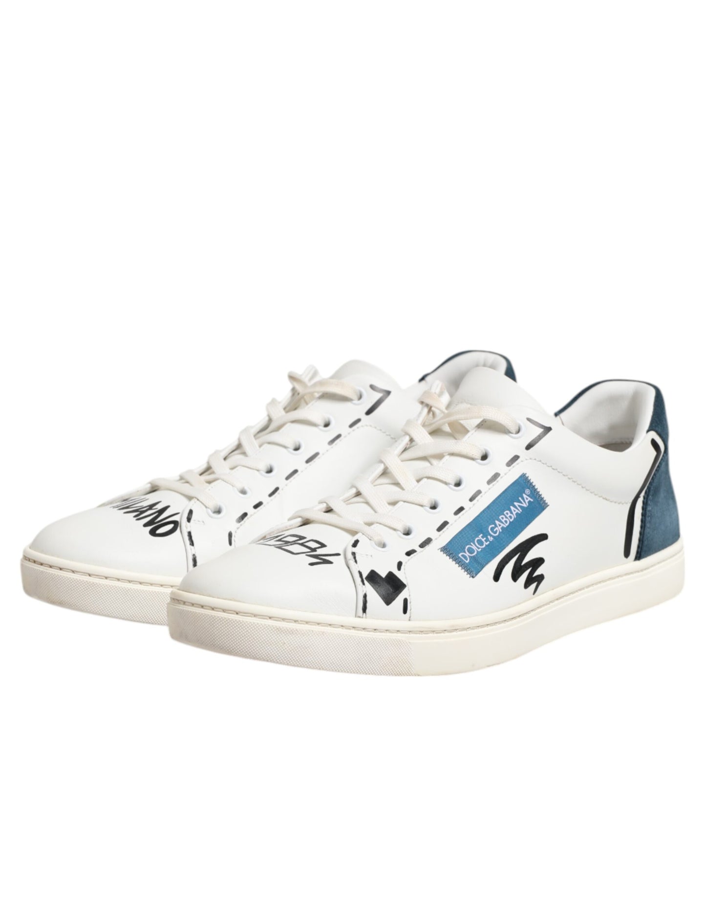 Dolce & Gabbana White Leather Printed Low Top Sneakers Shoes by Dolce & Gabbana
