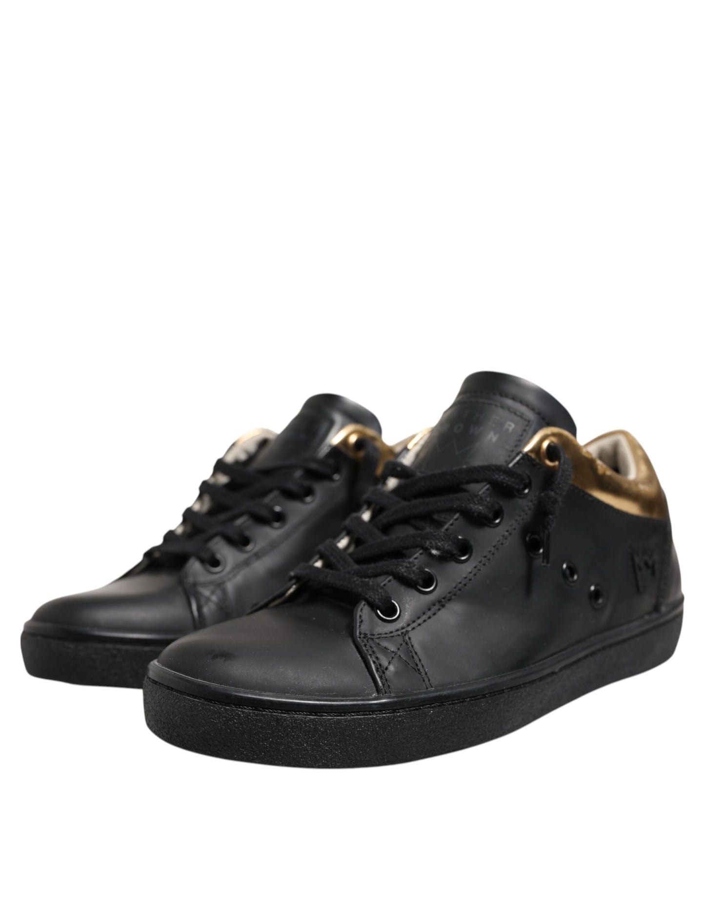 Leather Crown Black Gold Lace Up Low Top Women Sneakers Shoes by Leather Crown