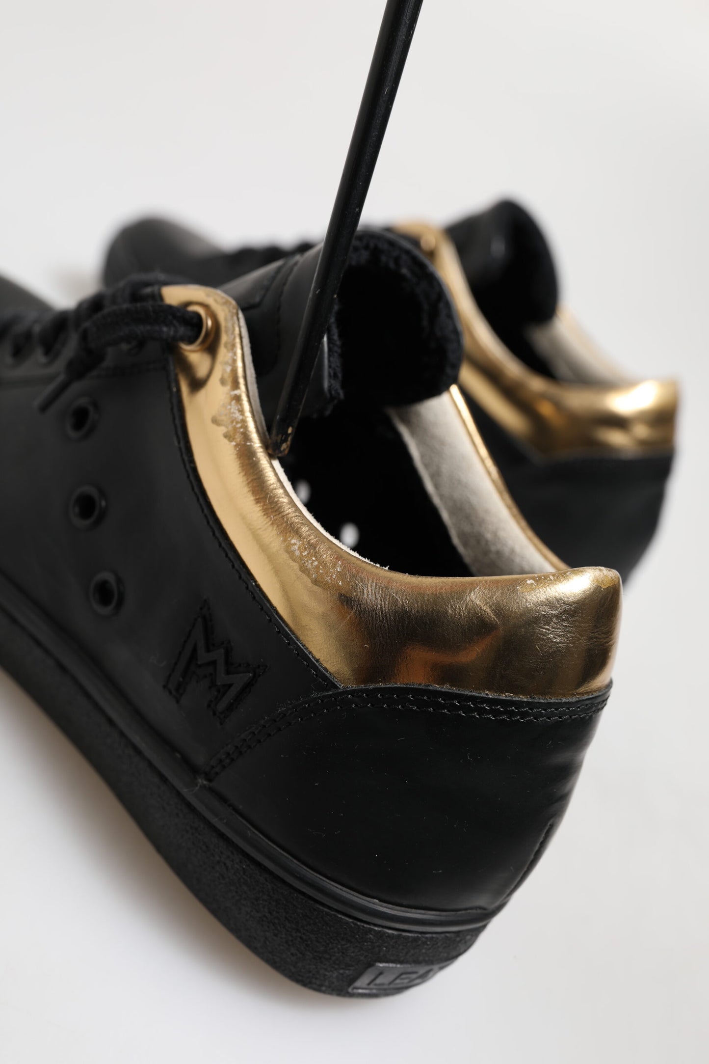 Leather Crown Black Gold Lace Up Low Top Women Sneakers Shoes by Leather Crown