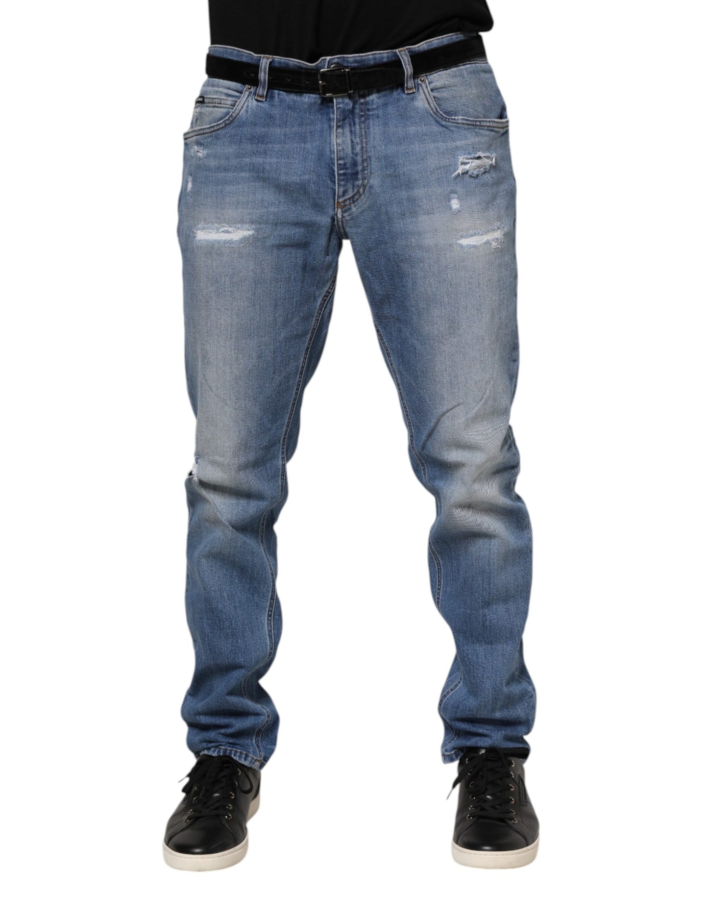 Jean en denim bleu délavé avec plaque logo Dolce & Gabbana