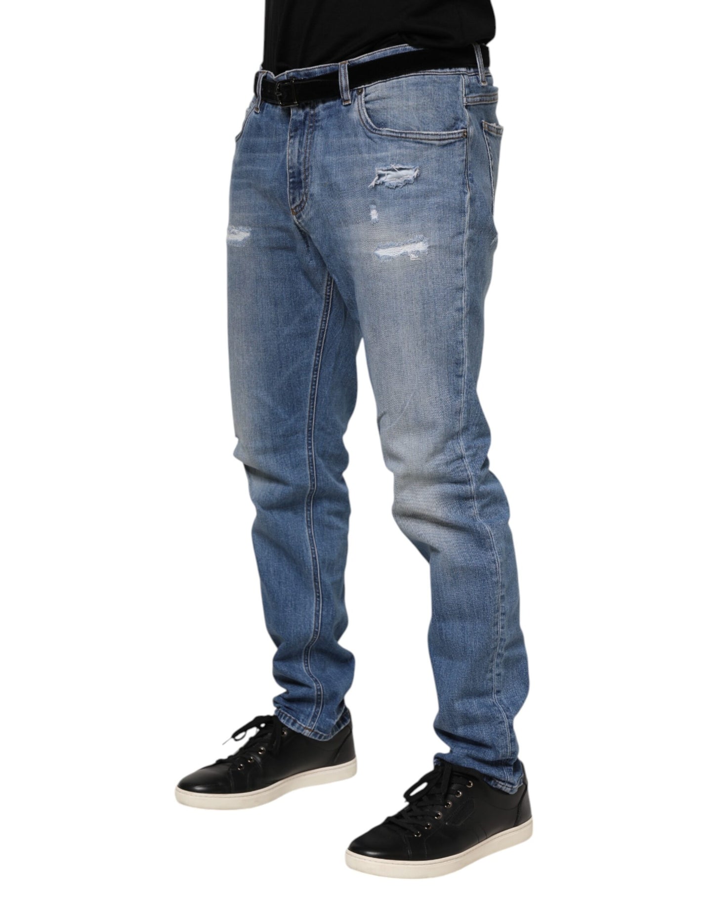 Jean en denim bleu délavé avec plaque logo Dolce & Gabbana