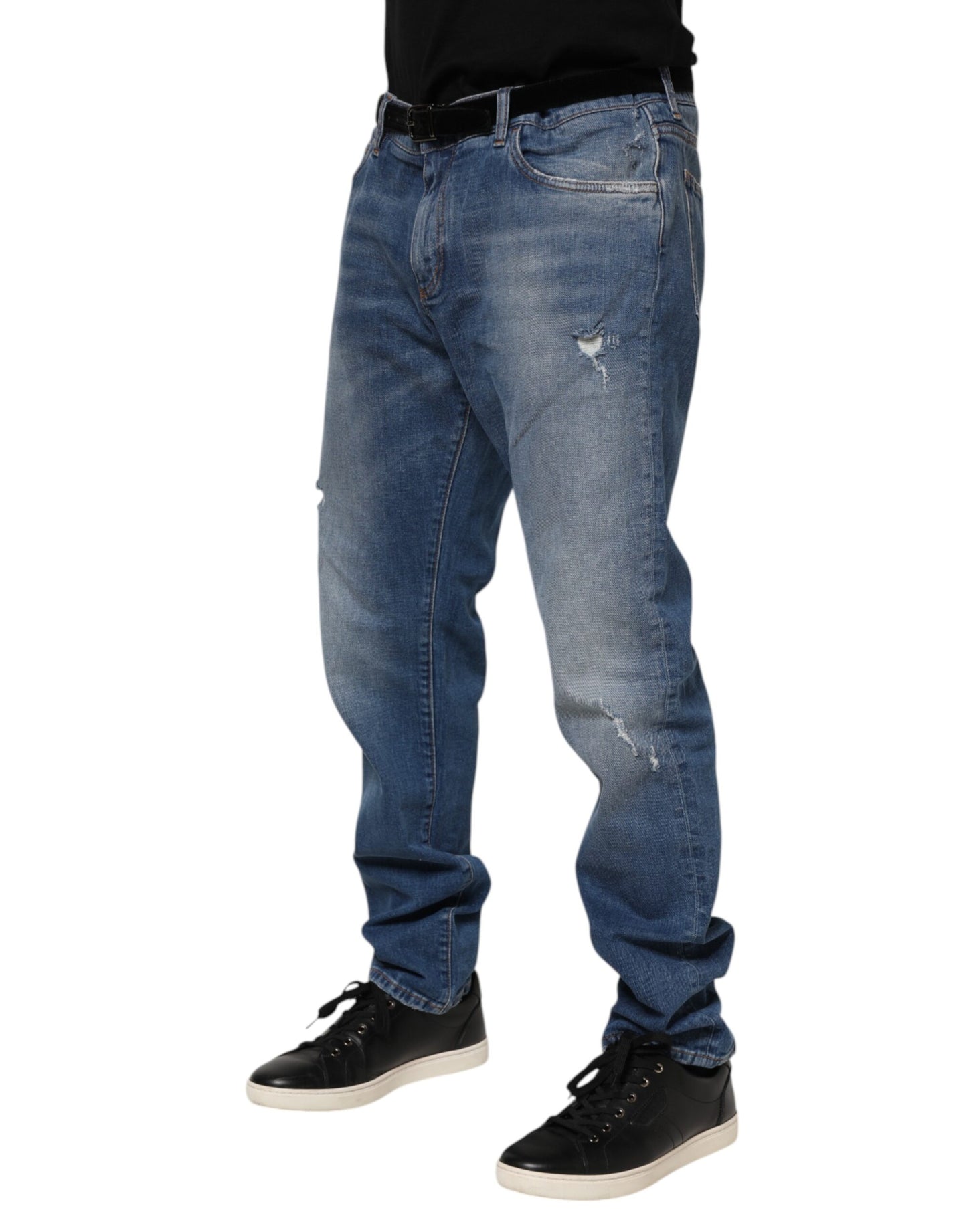 Jean en denim bleu délavé avec plaque logo Dolce & Gabbana