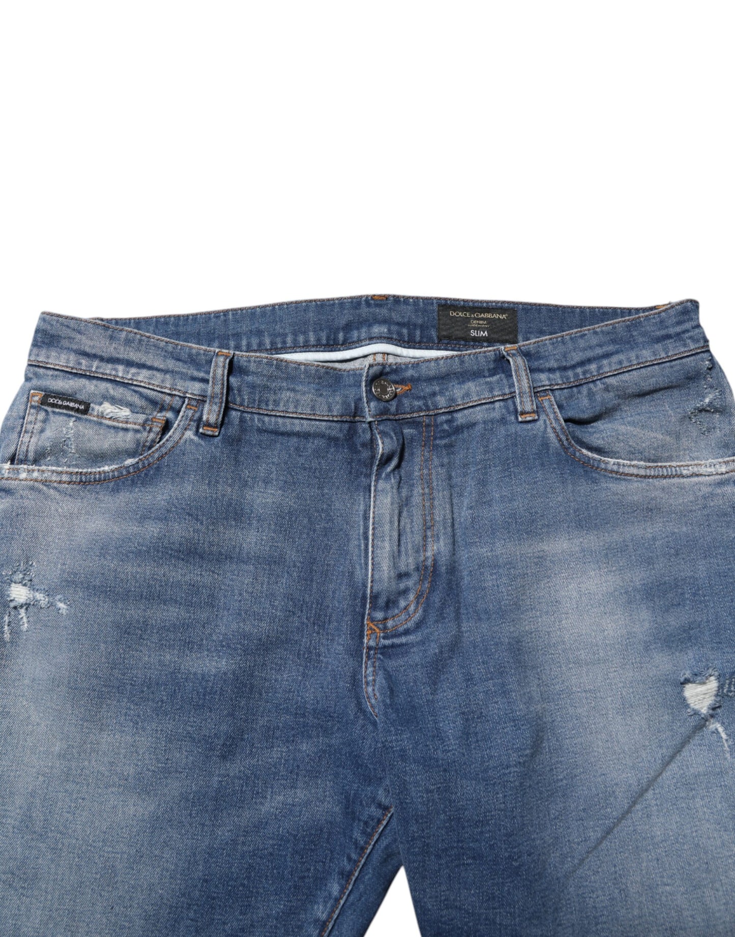 Jean en denim bleu délavé avec plaque logo Dolce & Gabbana