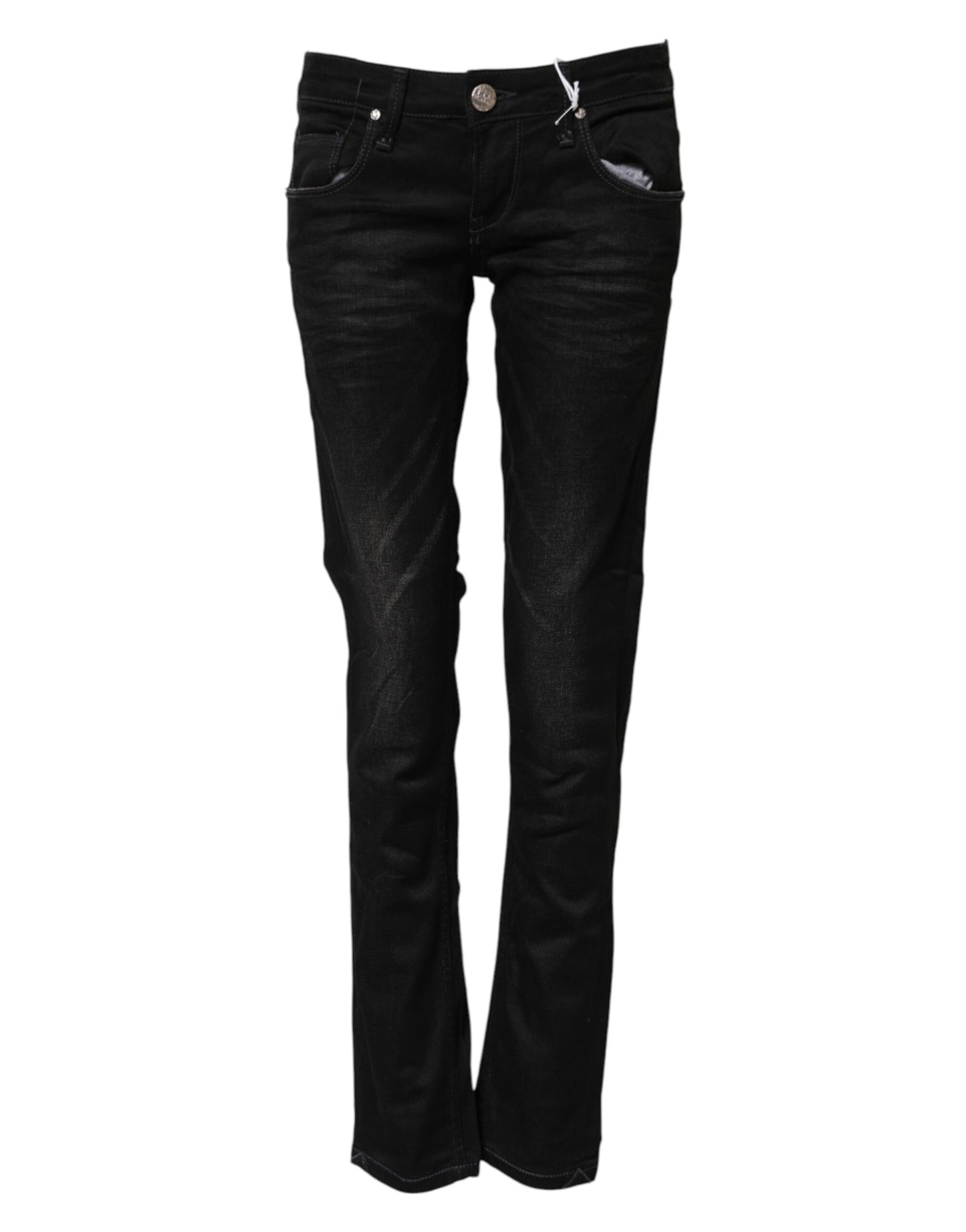 Huit jeans en denim noir coupe slim taille basse en coton